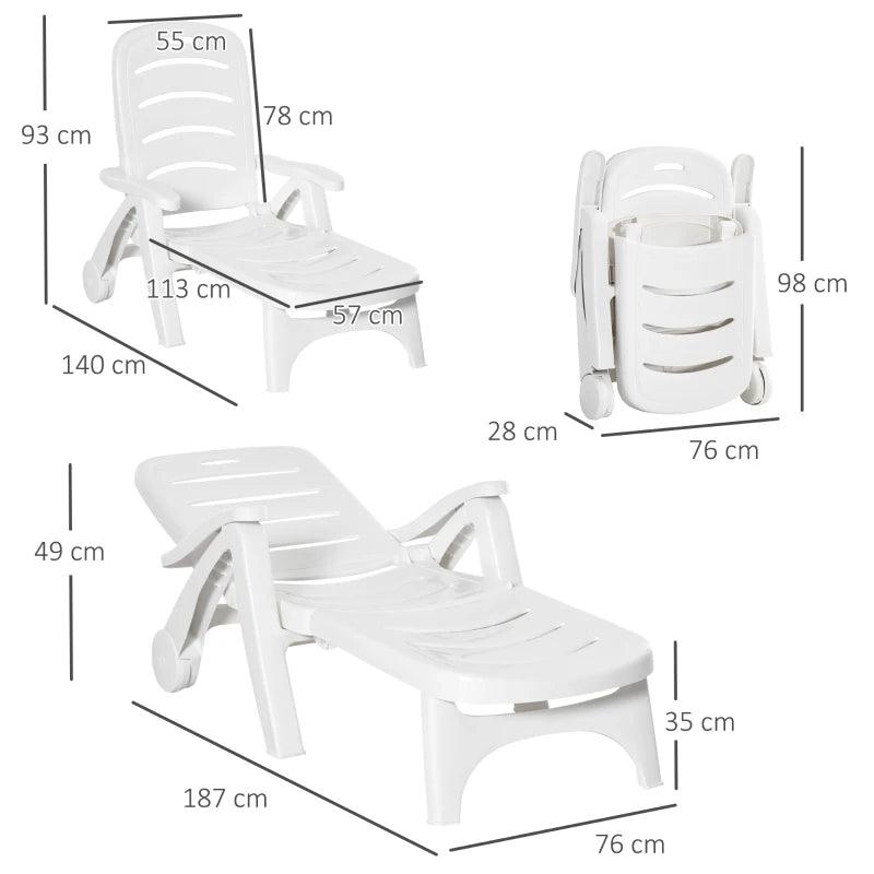 Outsunny 2PCs Folding Sun Loungers, 5-Position, Wheels, White - ALL4U RETAILER LTD