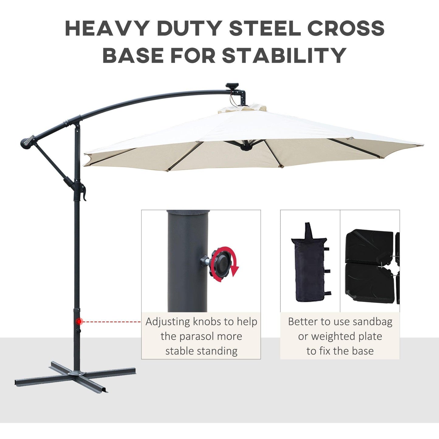 Outsunny LED Cantilever Garden Umbrella with Solar Lights, White - ALL4U RETAILER LTD