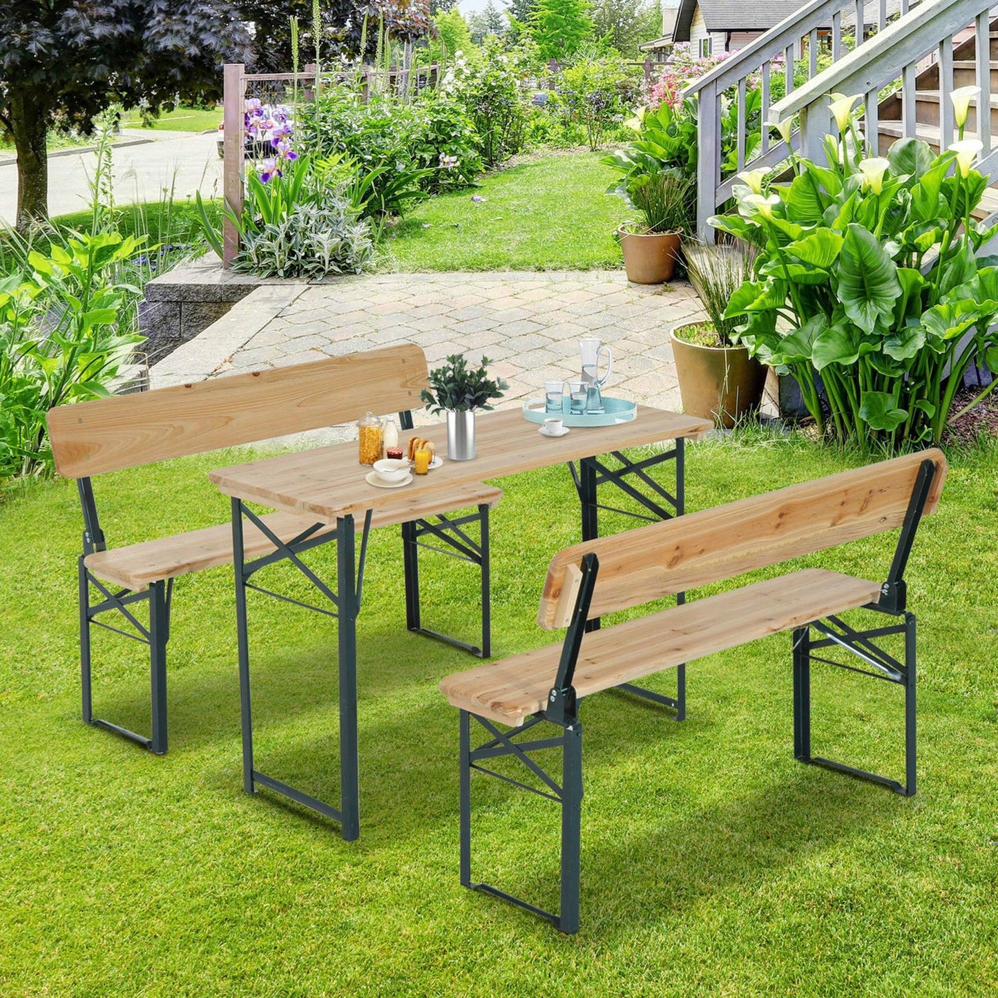 Outsunny Wooden Table Bench Set - 3-Piece Outdoor Furniture - ALL4U RETAILER LTD