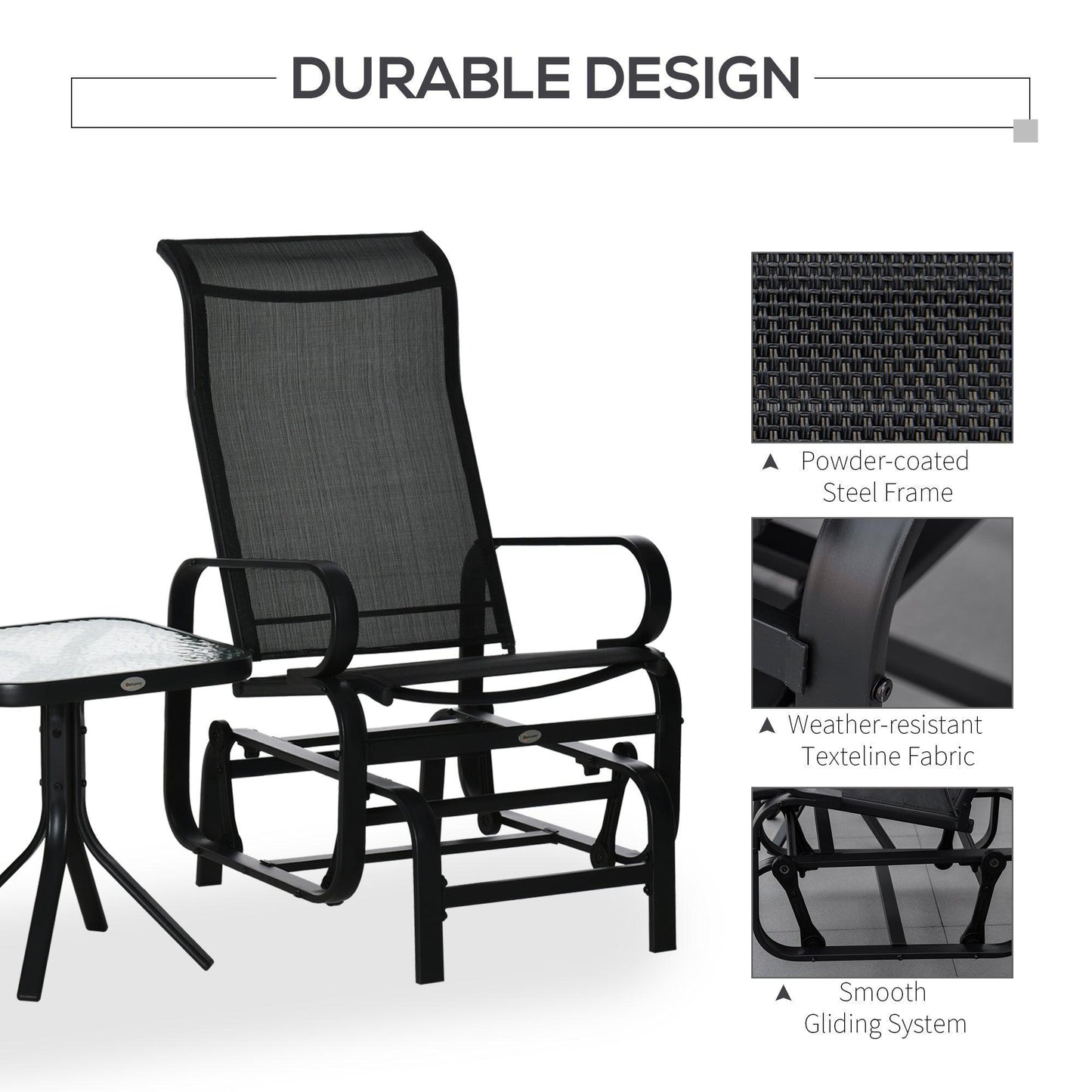 Outsunny 3-Piece Outdoor Glider Rocking Chair Set with Table - Black - ALL4U RETAILER LTD