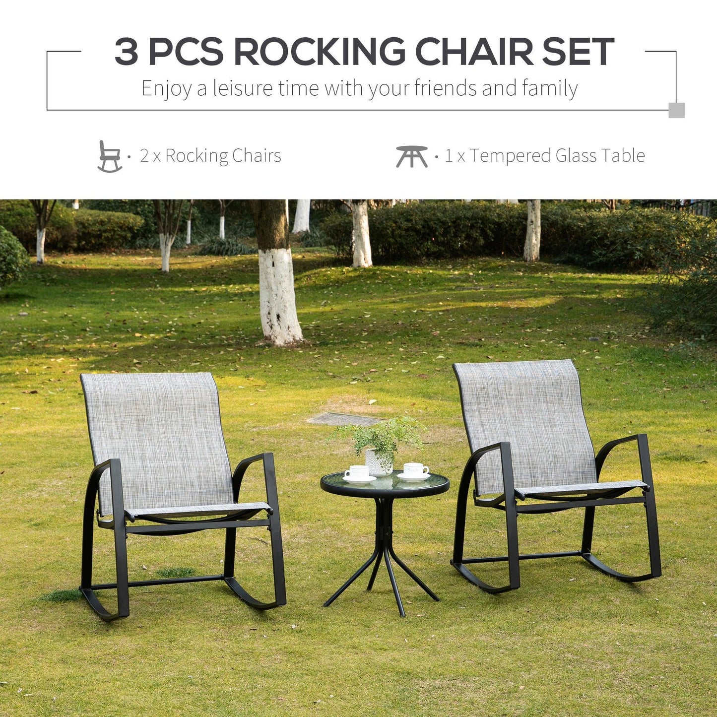 Outsunny 3-Piece Patio Bistro Set: Rocking Chairs + Table, Grey - ALL4U RETAILER LTD
