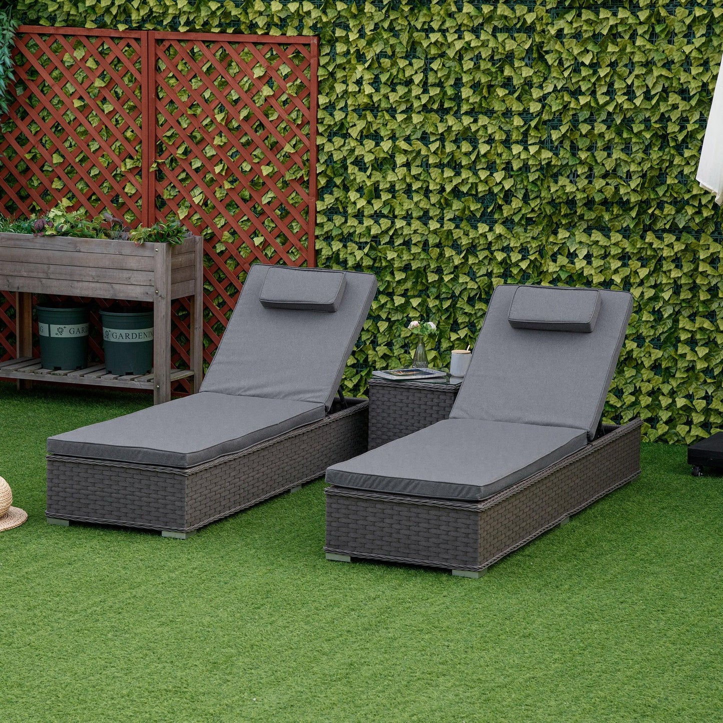 Outsunny 3 Piece Rattan Sun Lounger Set - Side Table [Grey] - ALL4U RETAILER LTD