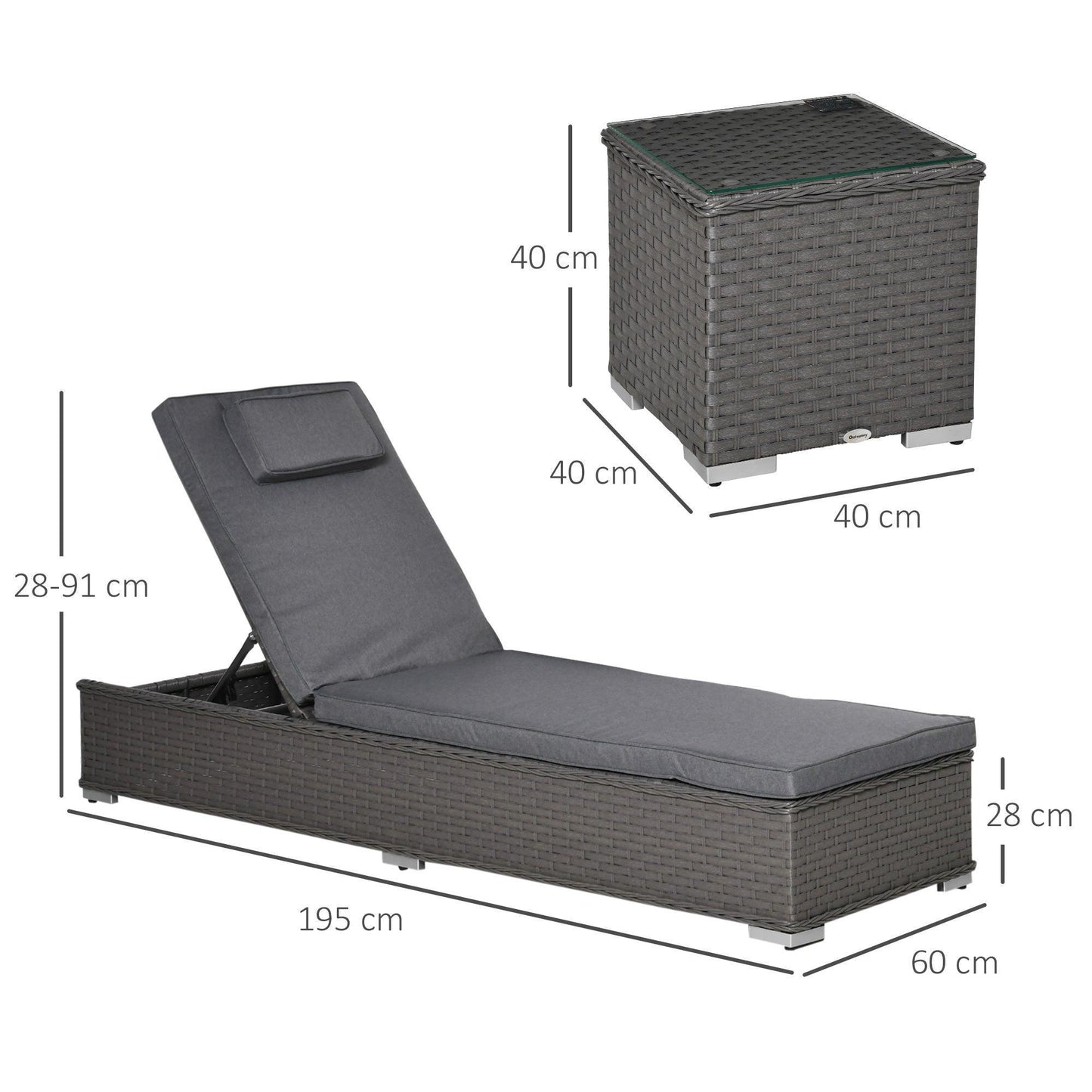 Outsunny 3 Piece Rattan Sun Lounger Set - Side Table [Grey] - ALL4U RETAILER LTD