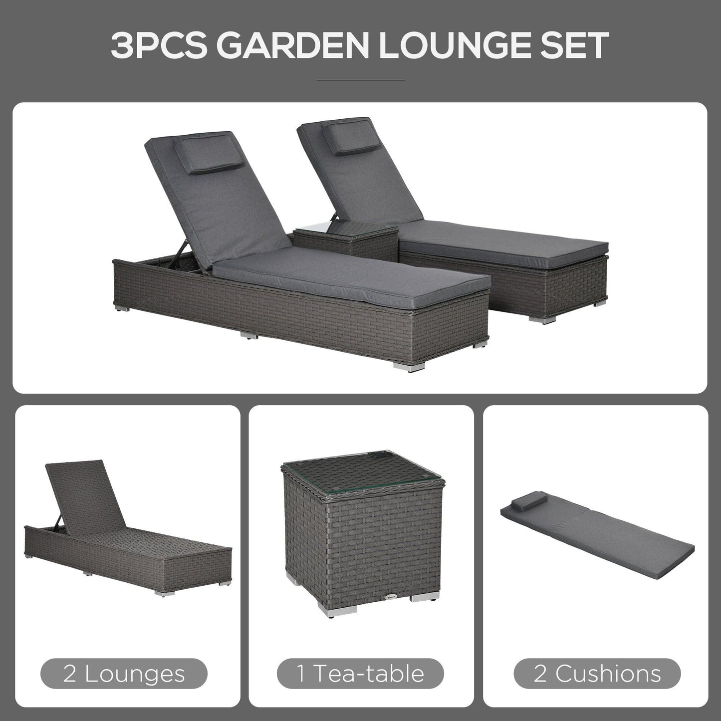 Outsunny 3 Piece Rattan Sun Lounger Set - Side Table [Grey] - ALL4U RETAILER LTD