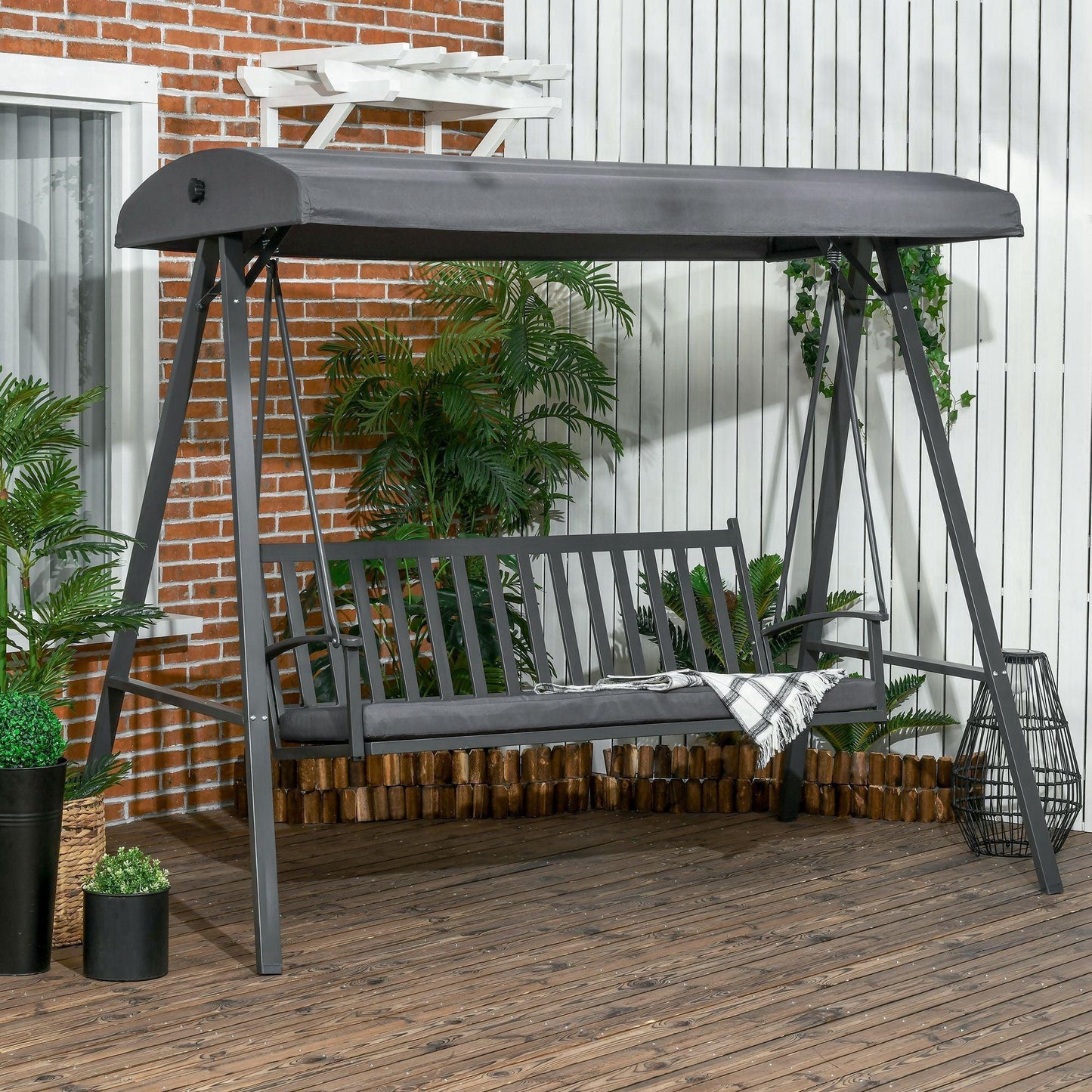 Outsunny 3-Seat Outdoor Swing - Shade Adjustable, Dark Grey - ALL4U RETAILER LTD