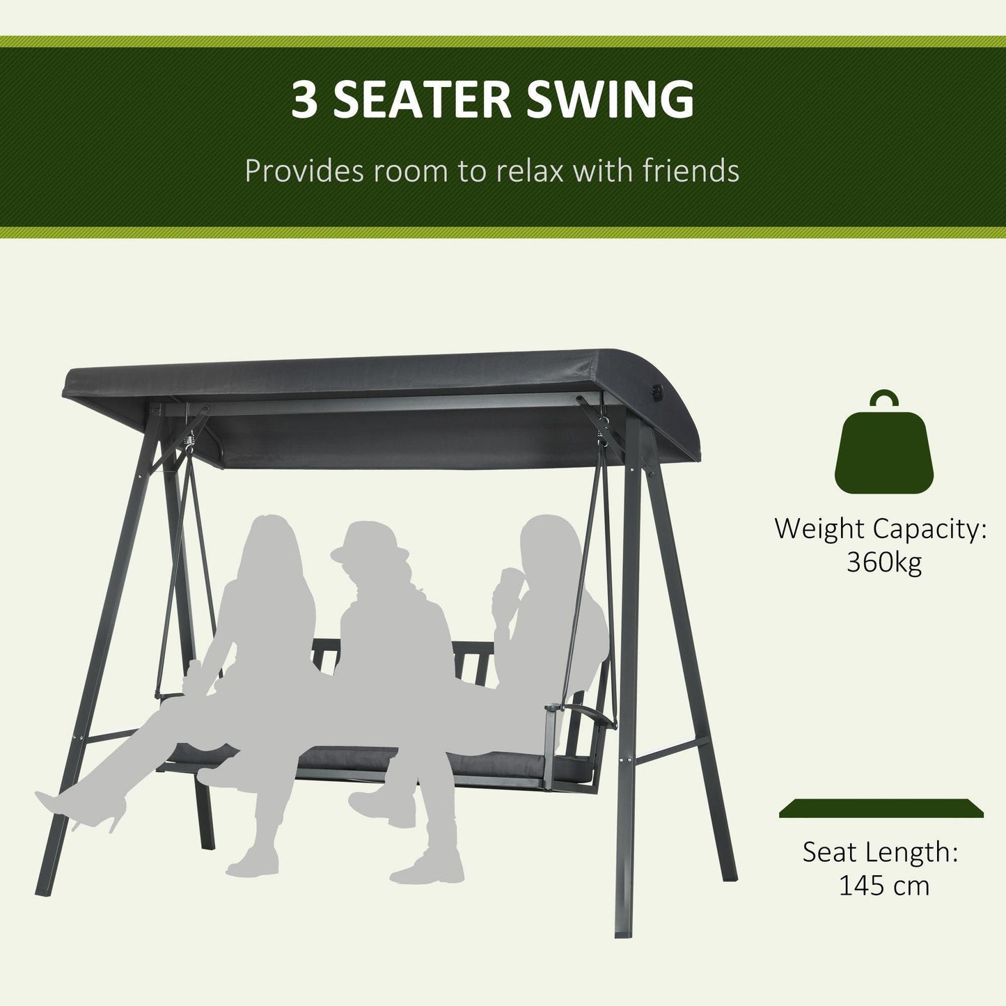 Outsunny 3-Seat Outdoor Swing - Shade Adjustable, Dark Grey - ALL4U RETAILER LTD