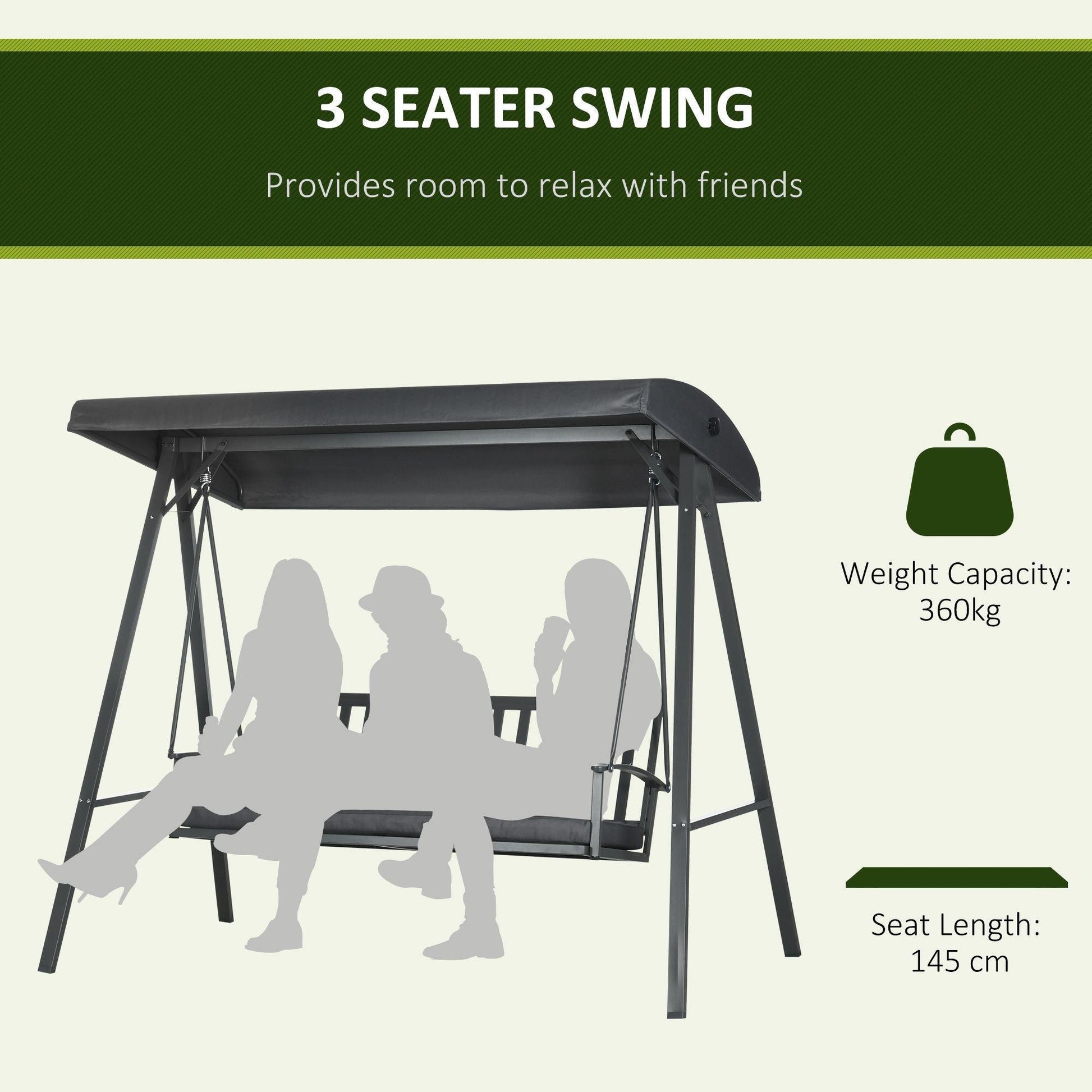 Outsunny 3-Seat Outdoor Swing - Shade Adjustable, Dark Grey - ALL4U RETAILER LTD