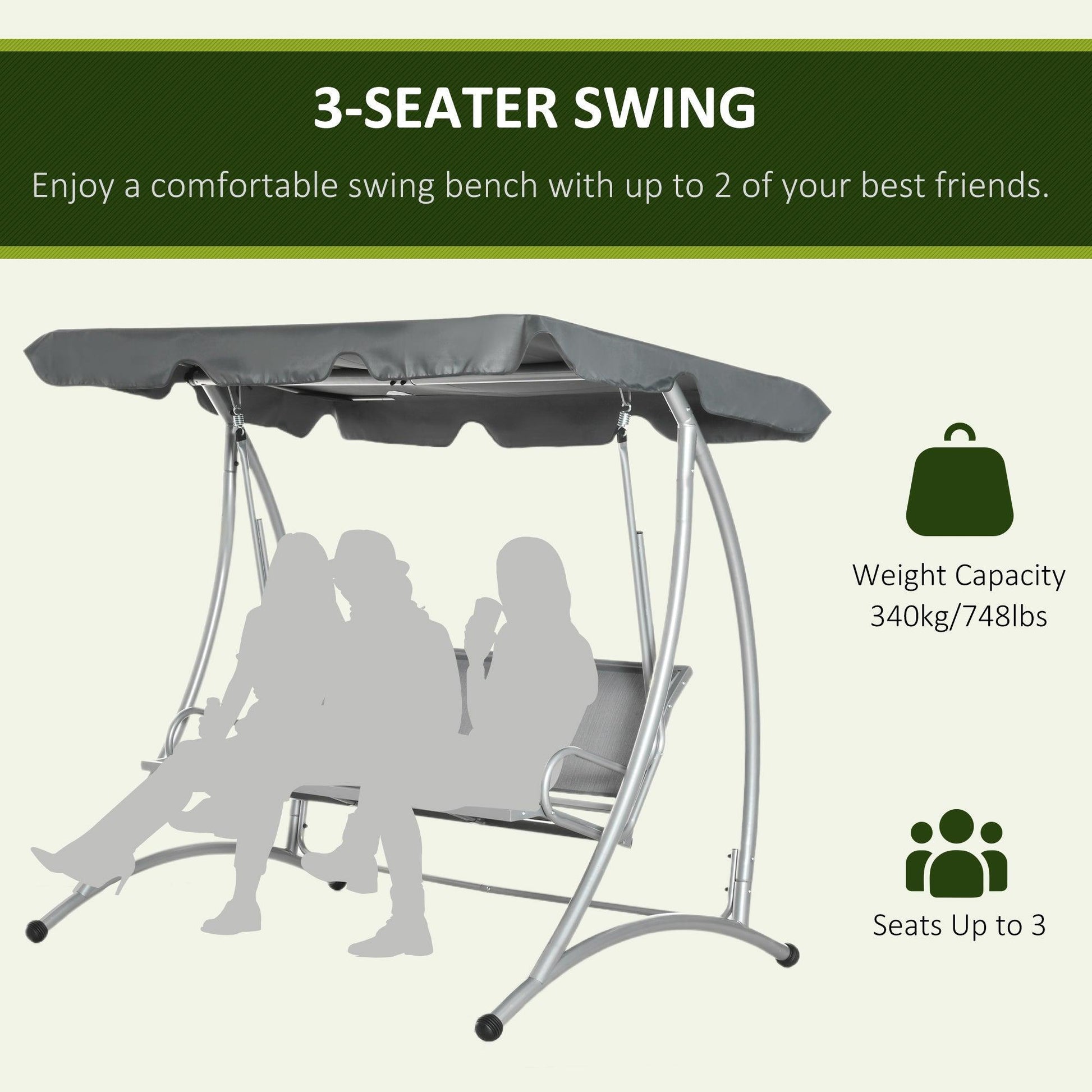 Outsunny 3-Seater Swing Chair with Canopy - Dark Grey - ALL4U RETAILER LTD