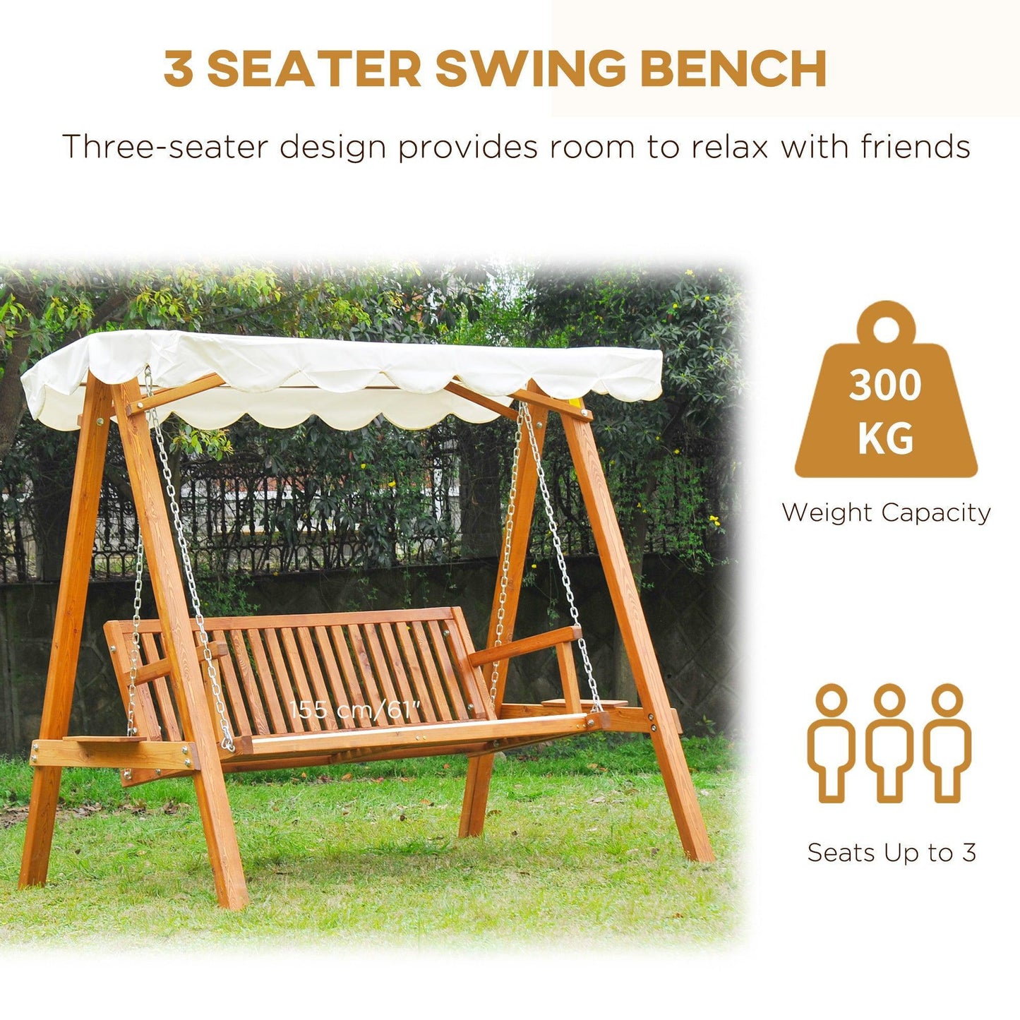 Outsunny 3 Seater Wooden Garden Swing Seat in Cream White - ALL4U RETAILER LTD