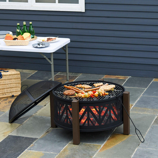 Outsunny 30 Steel Fire Pit with Grill - 2-in-1 Outdoor Cooker - ALL4U RETAILER LTD