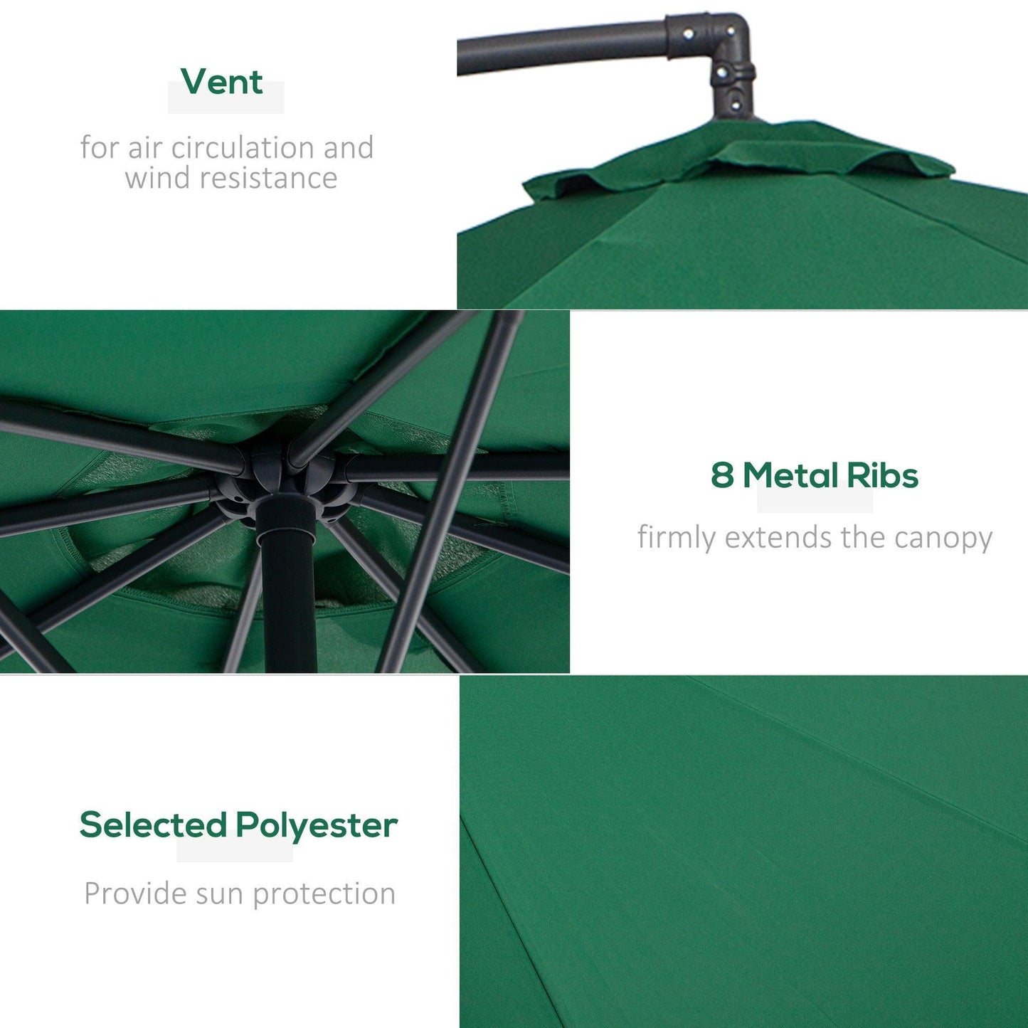 Outsunny 3m Banana Parasol with Crank Handle - Green - ALL4U RETAILER LTD