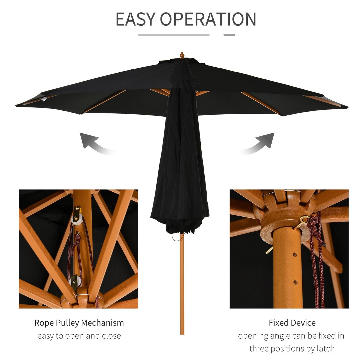 Outsunny 3m Black Bamboo Patio Umbrella - Sunshade Canopy - ALL4U RETAILER LTD