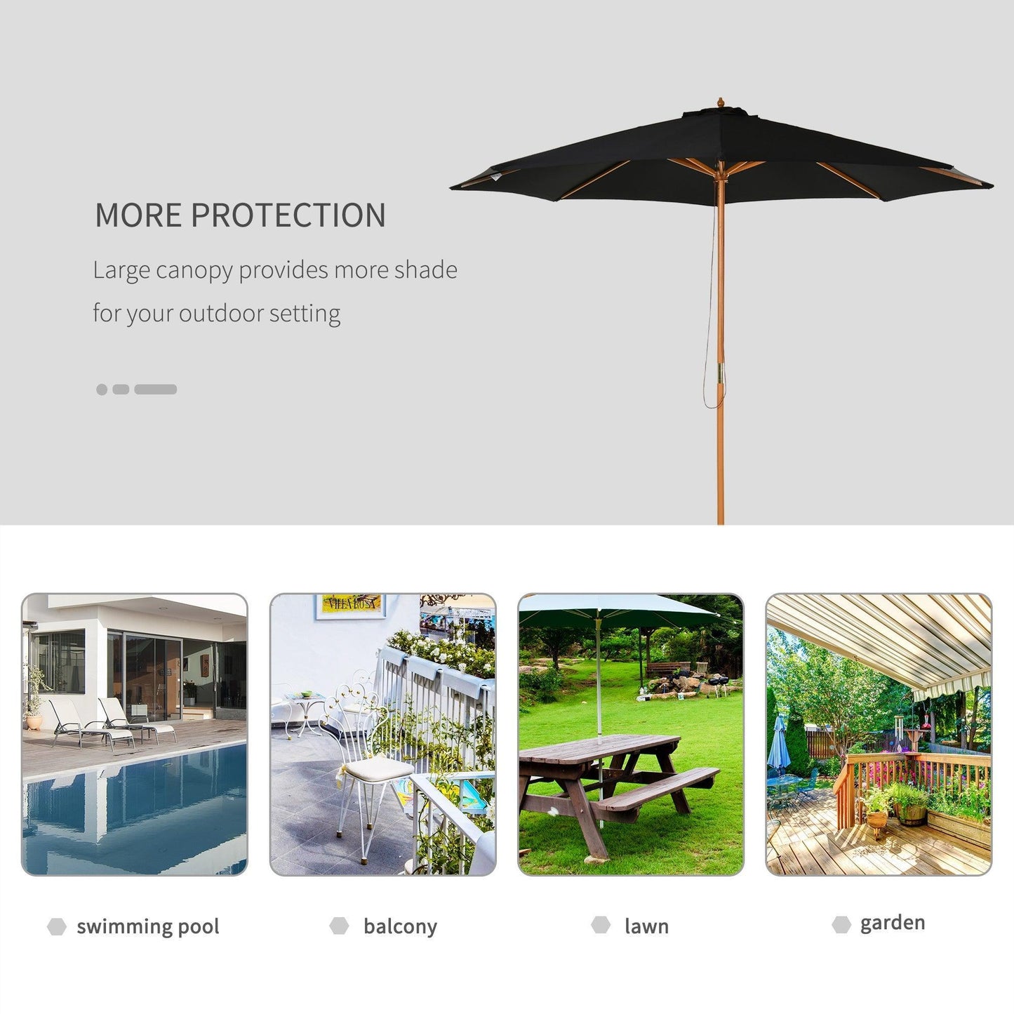 Outsunny 3m Black Bamboo Patio Umbrella - Sunshade Canopy - ALL4U RETAILER LTD