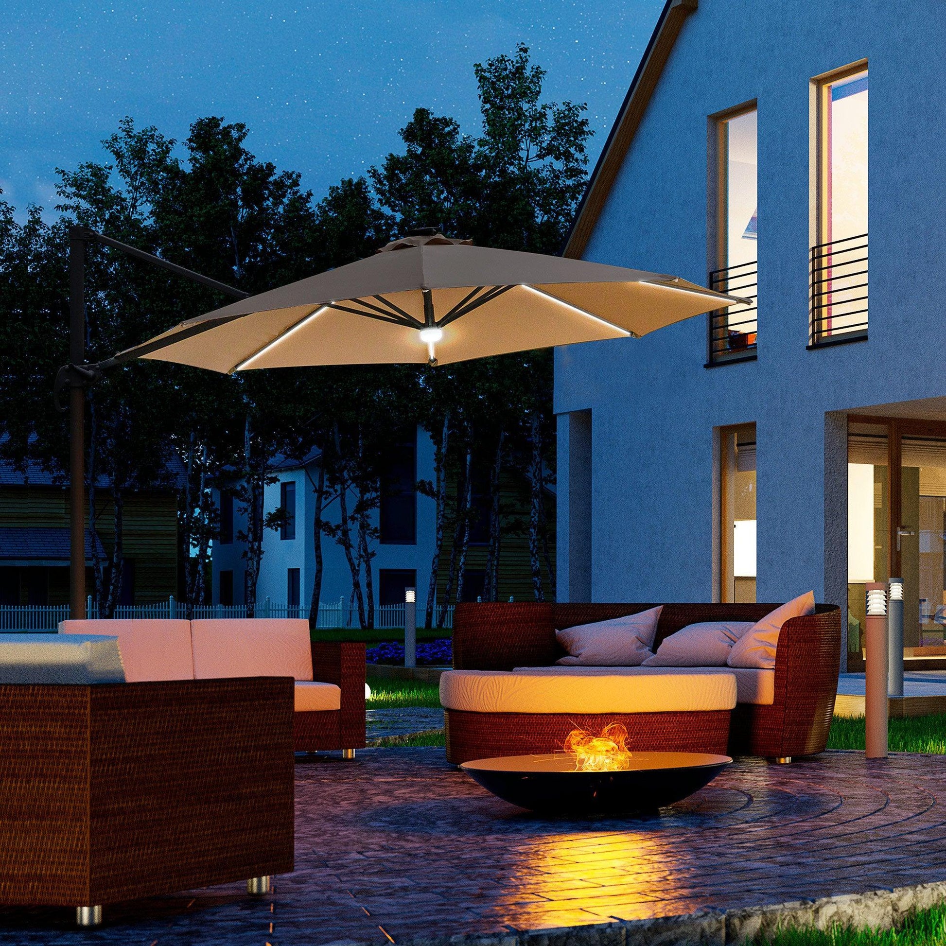 Outsunny 3m Cantilever Garden Umbrella, Solar Light, 360° Rotation - ALL4U RETAILER LTD