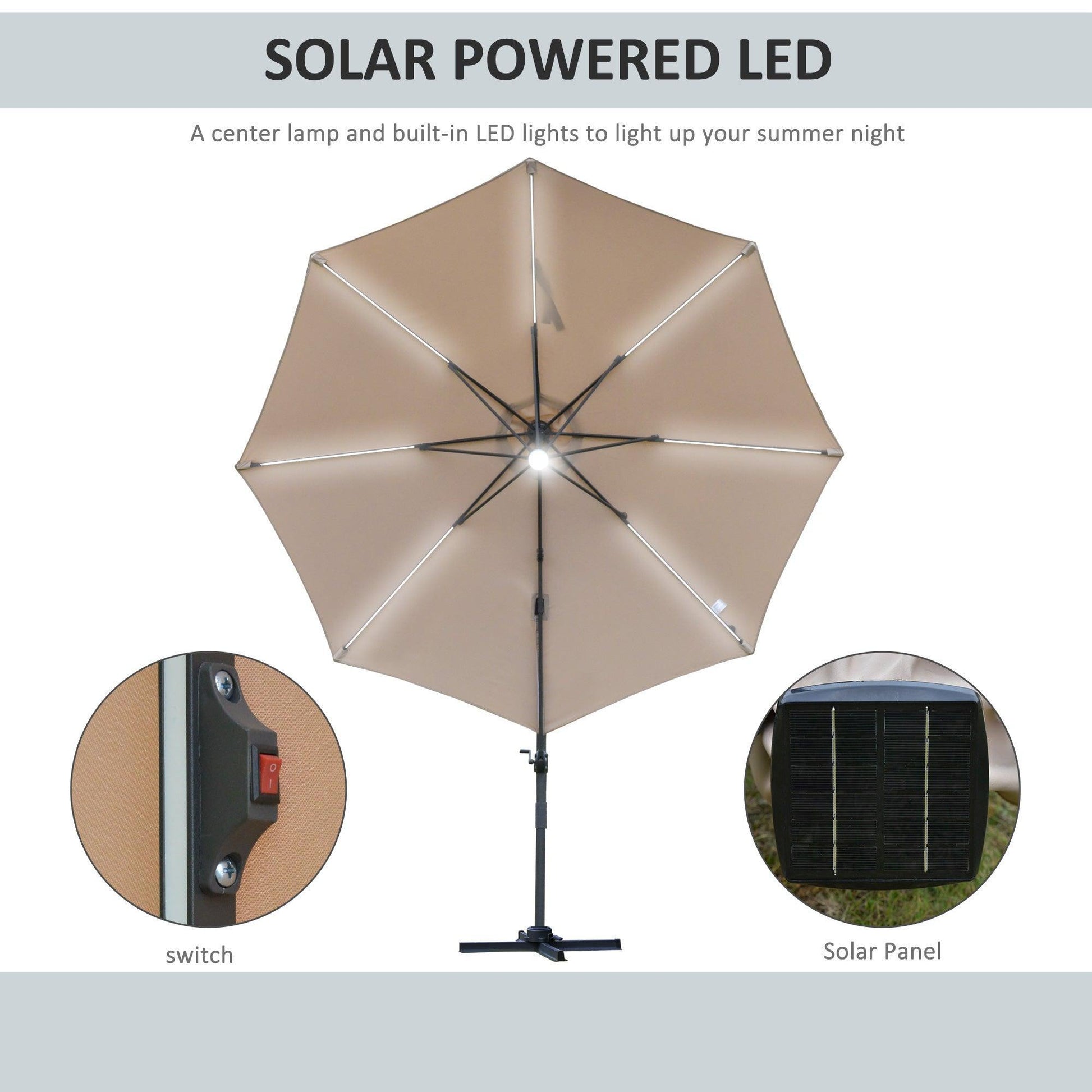 Outsunny 3m Cantilever Garden Umbrella, Solar Light, 360° Rotation - ALL4U RETAILER LTD