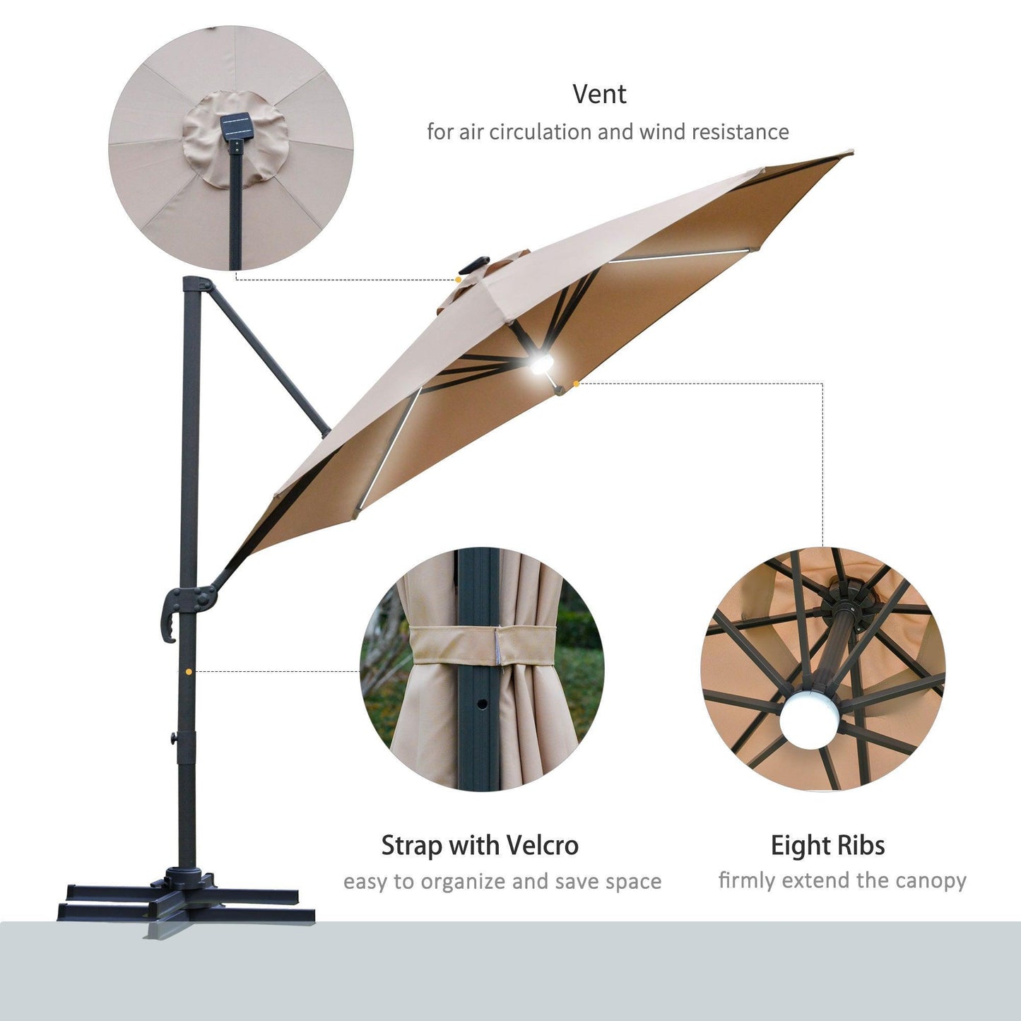 Outsunny 3m Cantilever Garden Umbrella, Solar Light, 360° Rotation - ALL4U RETAILER LTD