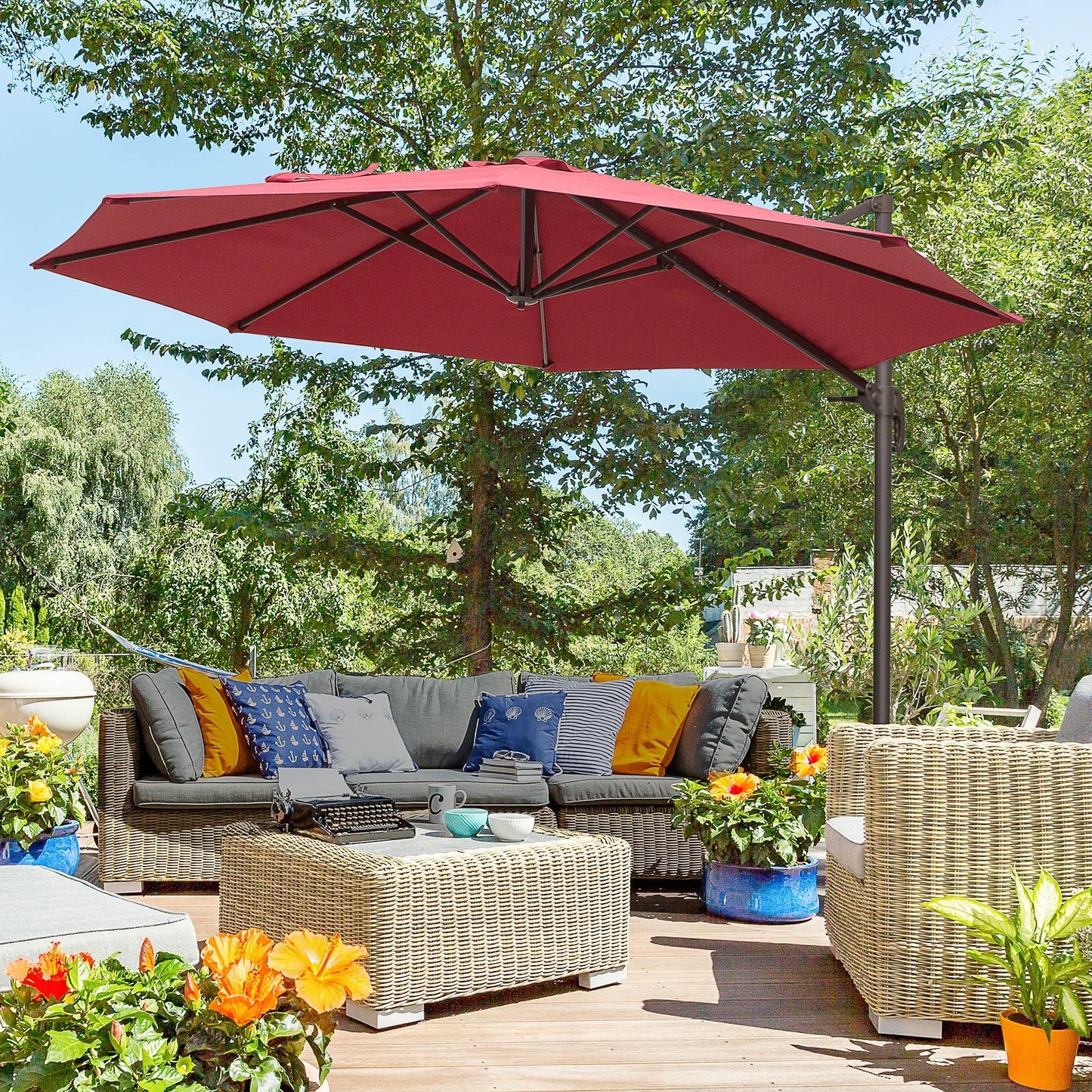 Outsunny 3m Cantilever Parasol - Wine Red - ALL4U RETAILER LTD