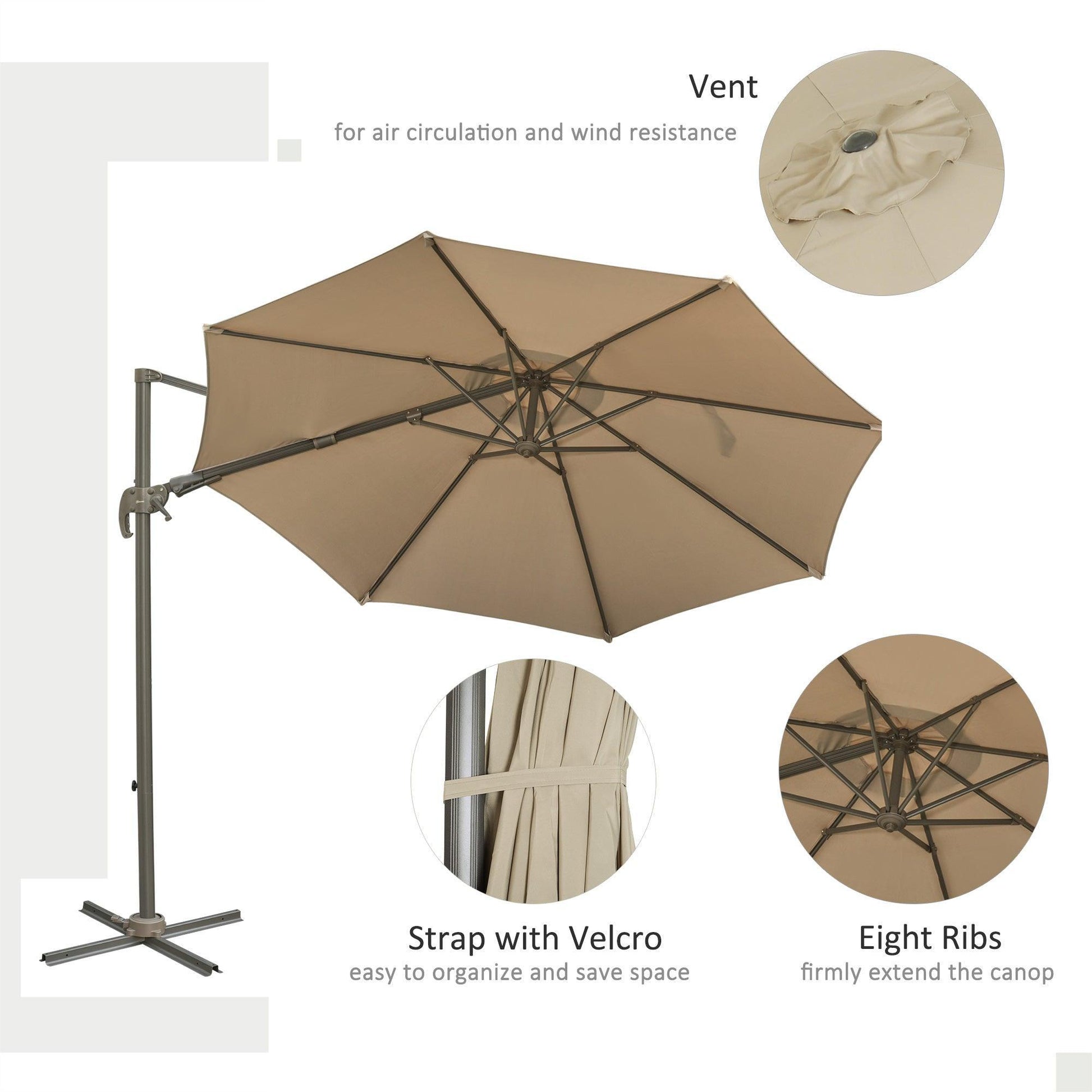 Outsunny 3M Cantilever Patio Parasol - Stylish Khaki Umbrella - ALL4U RETAILER LTD