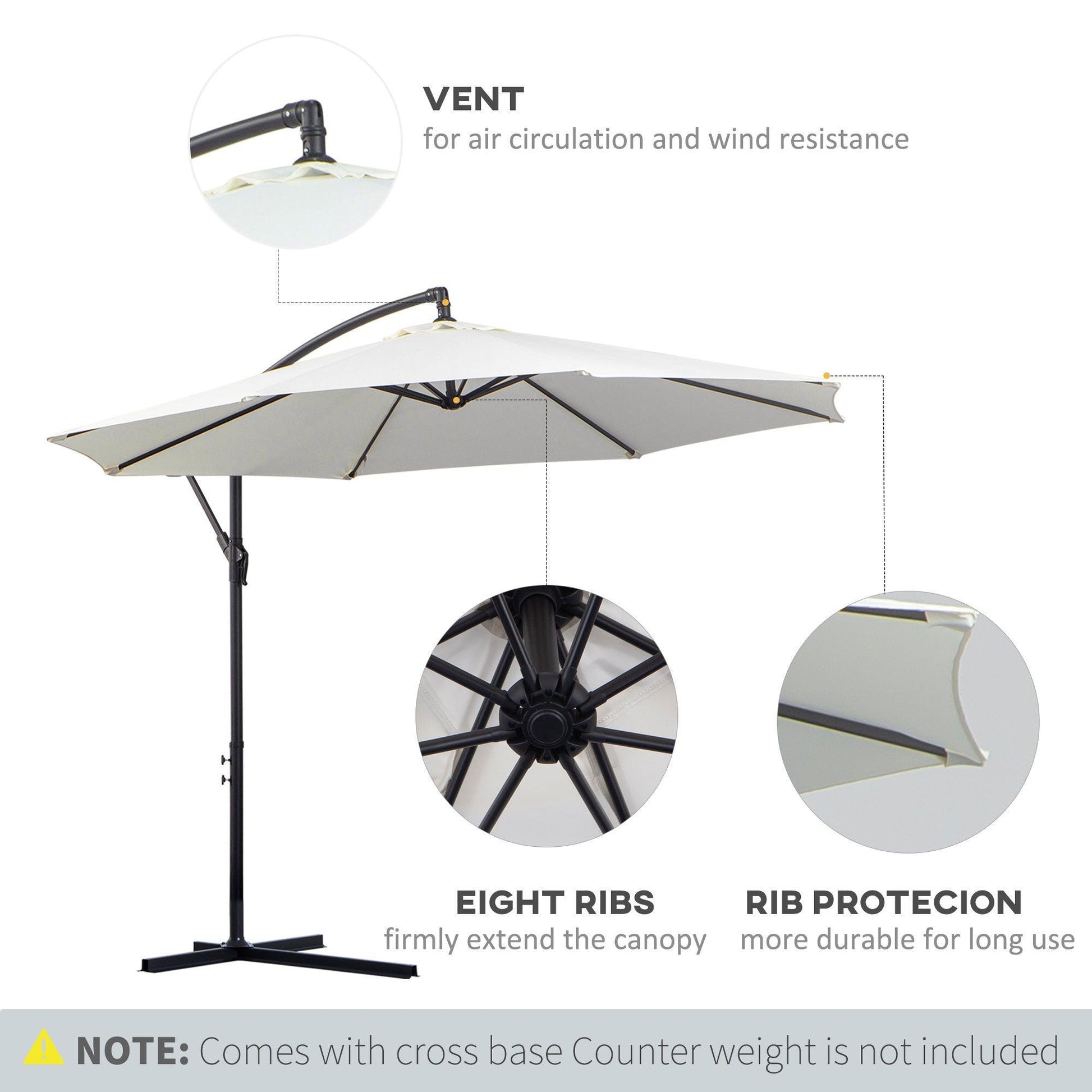 Outsunny 3m Cantilever Umbrella - Sun Shade, Cream White - ALL4U RETAILER LTD