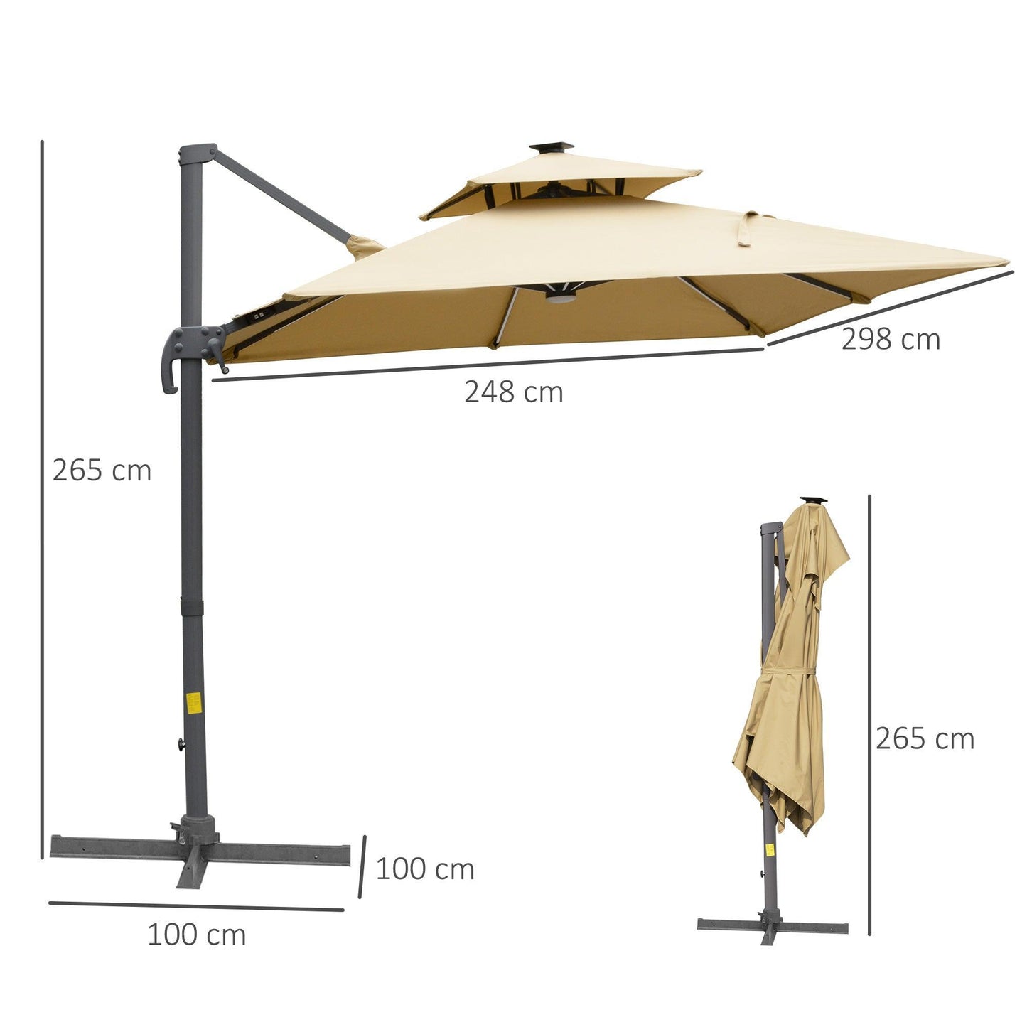 Outsunny 3m Cantilever Umbrella with Solar LED - Khaki - ALL4U RETAILER LTD