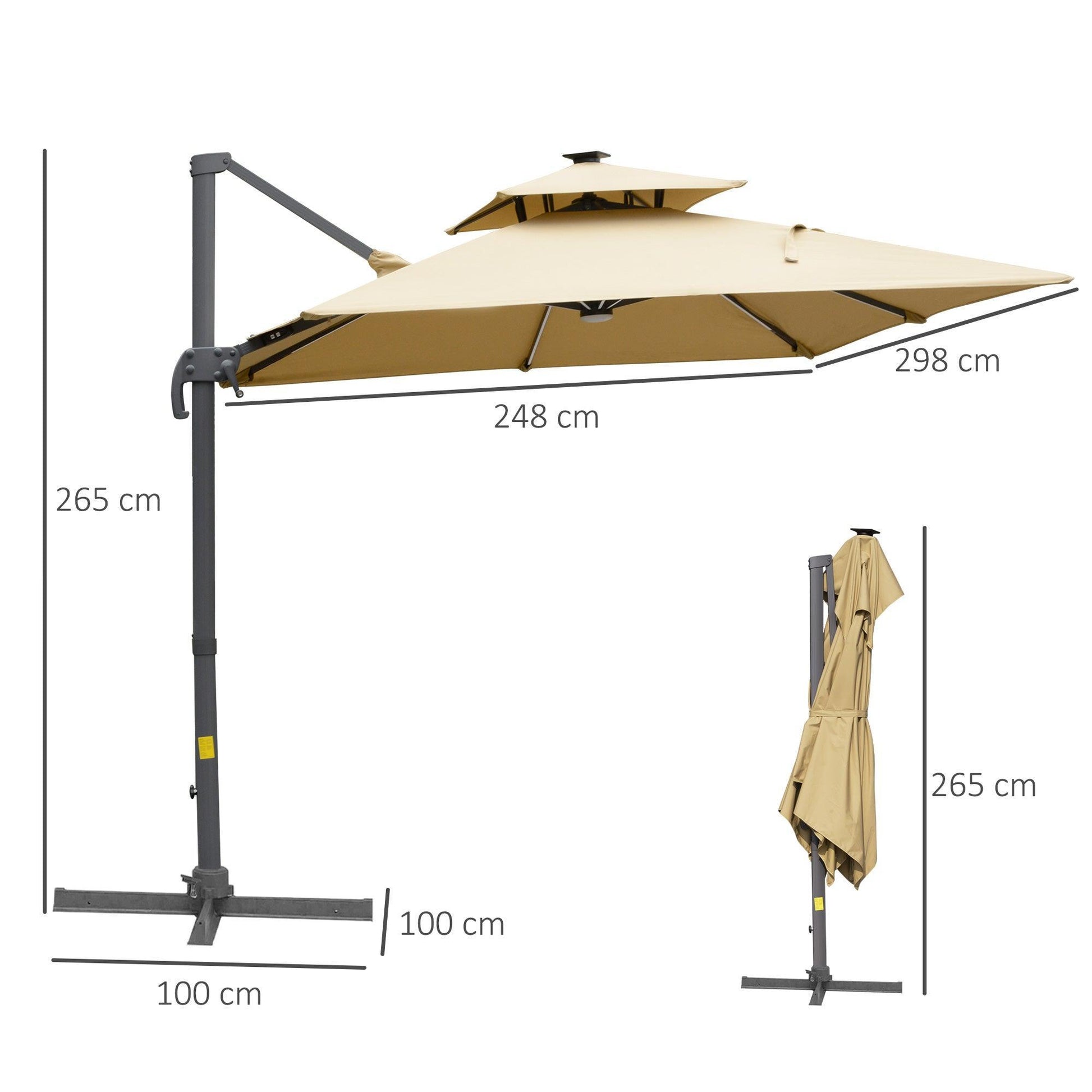 Outsunny 3m Cantilever Umbrella with Solar LED - Khaki - ALL4U RETAILER LTD