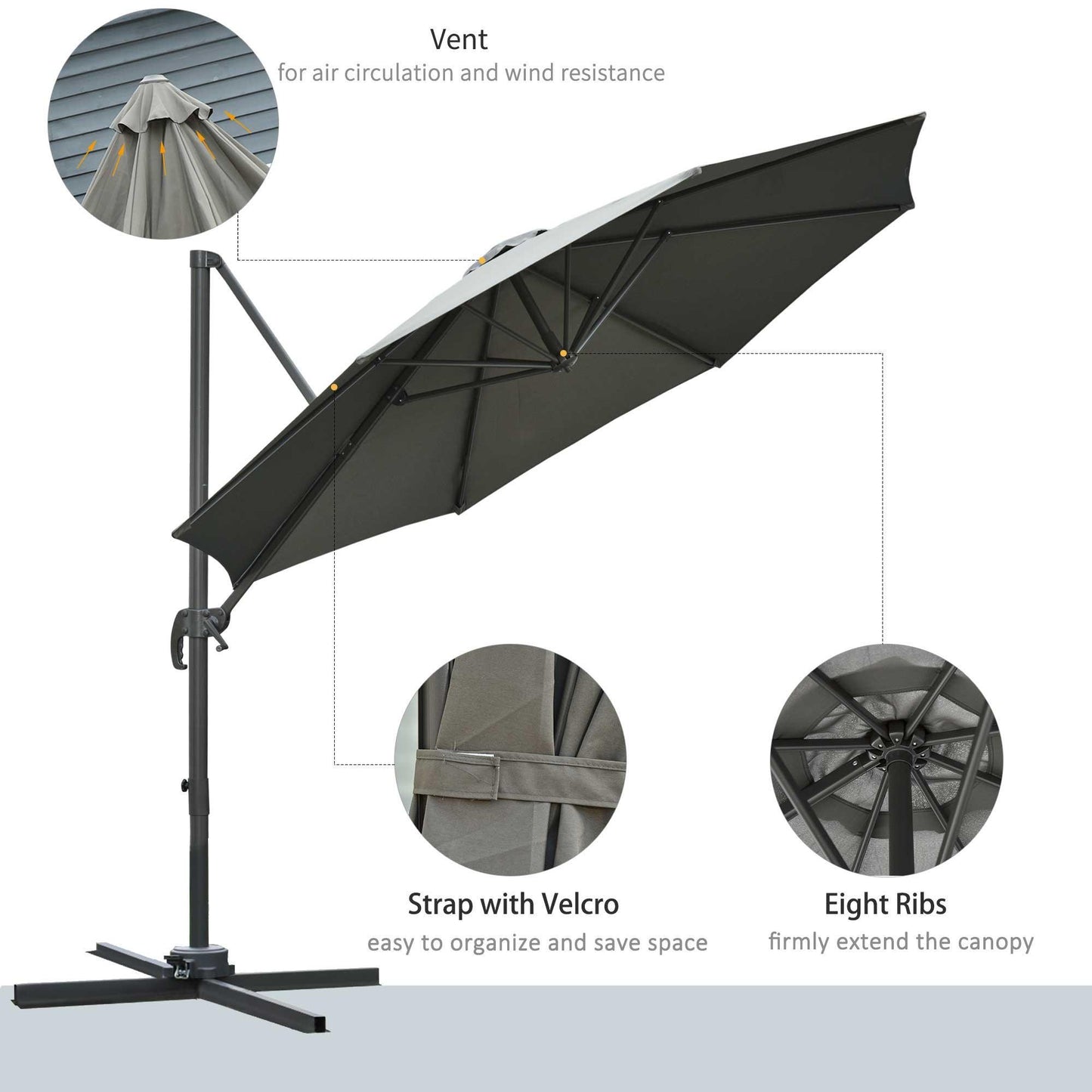 Outsunny 3m Patio Umbrella with Cross Base- Dark Grey - ALL4U RETAILER LTD