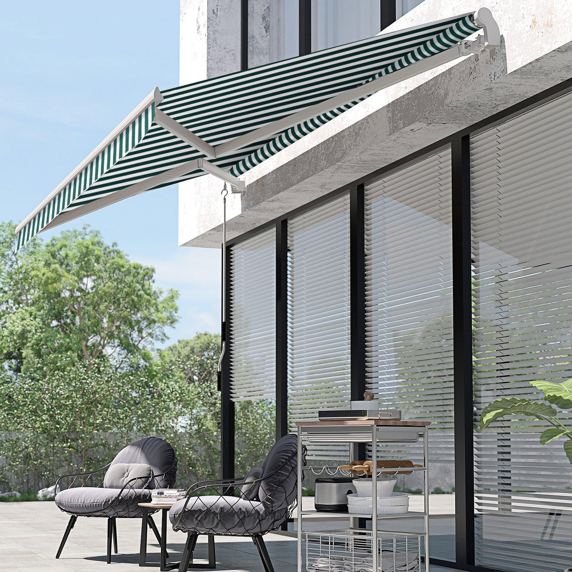 Outsunny 3m x 2.5m Manual Awning with Winding Handle - Green and White - ALL4U RETAILER LTD