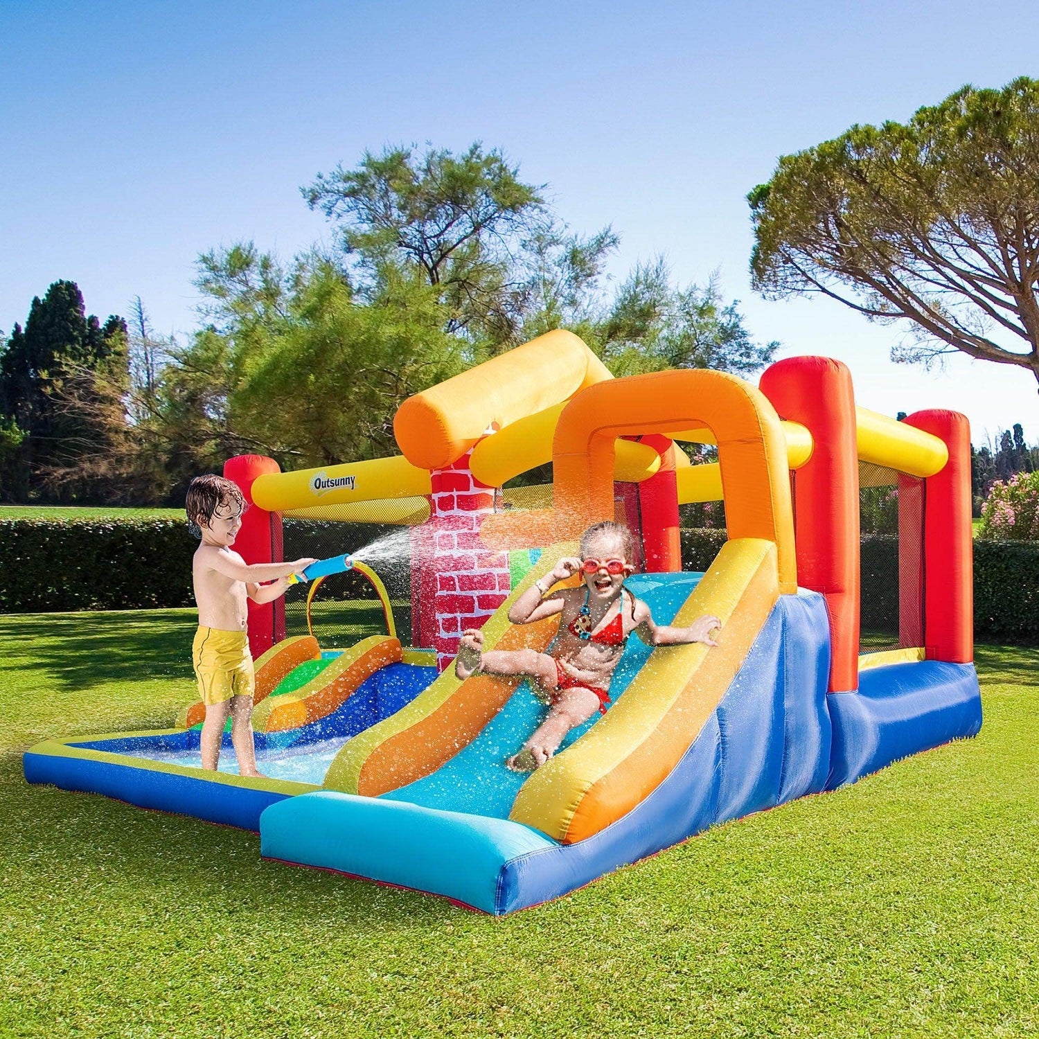 Outsunny Kids Bounce Castle - Double Slides, Trampoline, Climbing Wall - ALL4U RETAILER LTD