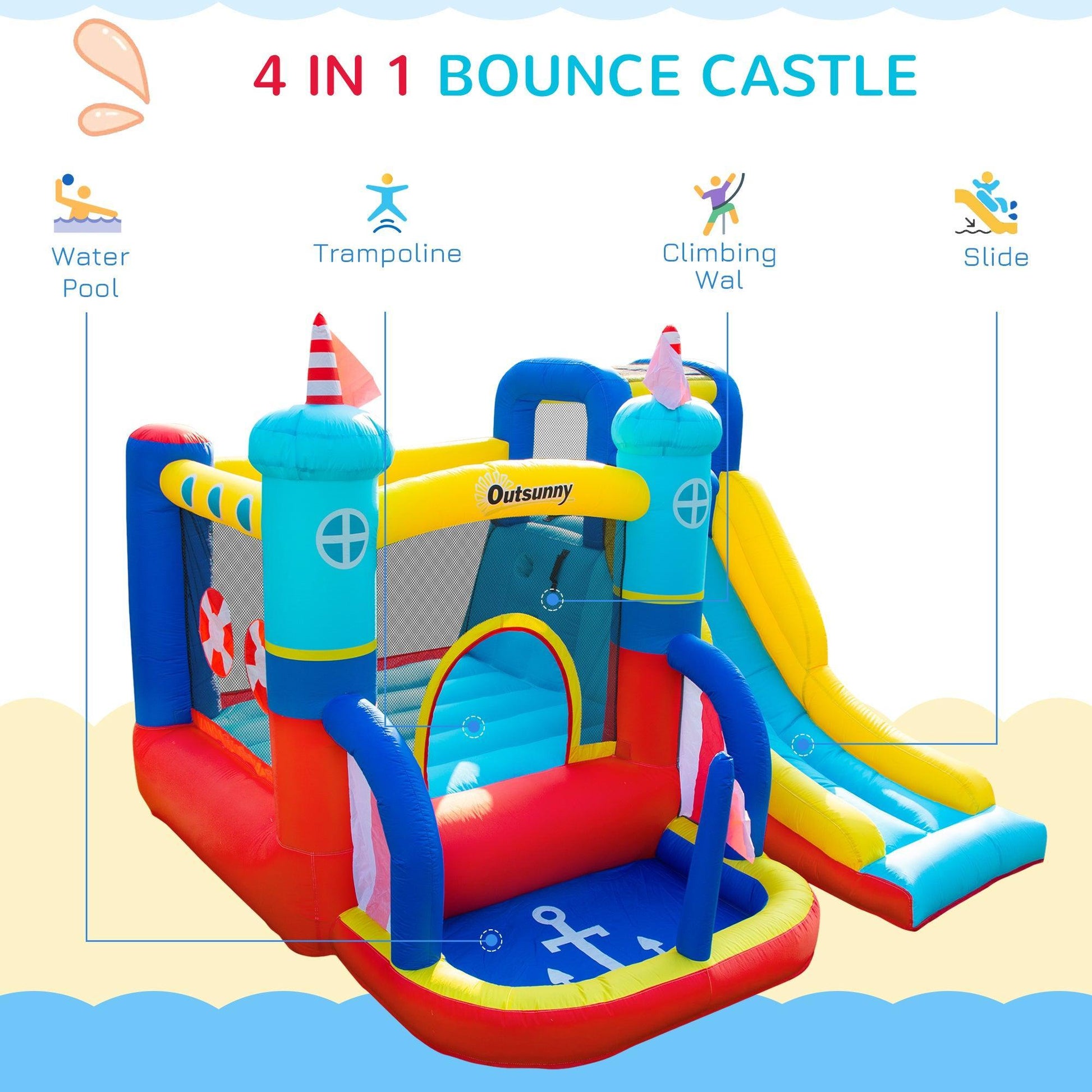 Outsunny Kids Bounce Castle Sailboat Inflatable with Slide & Pool - ALL4U RETAILER LTD