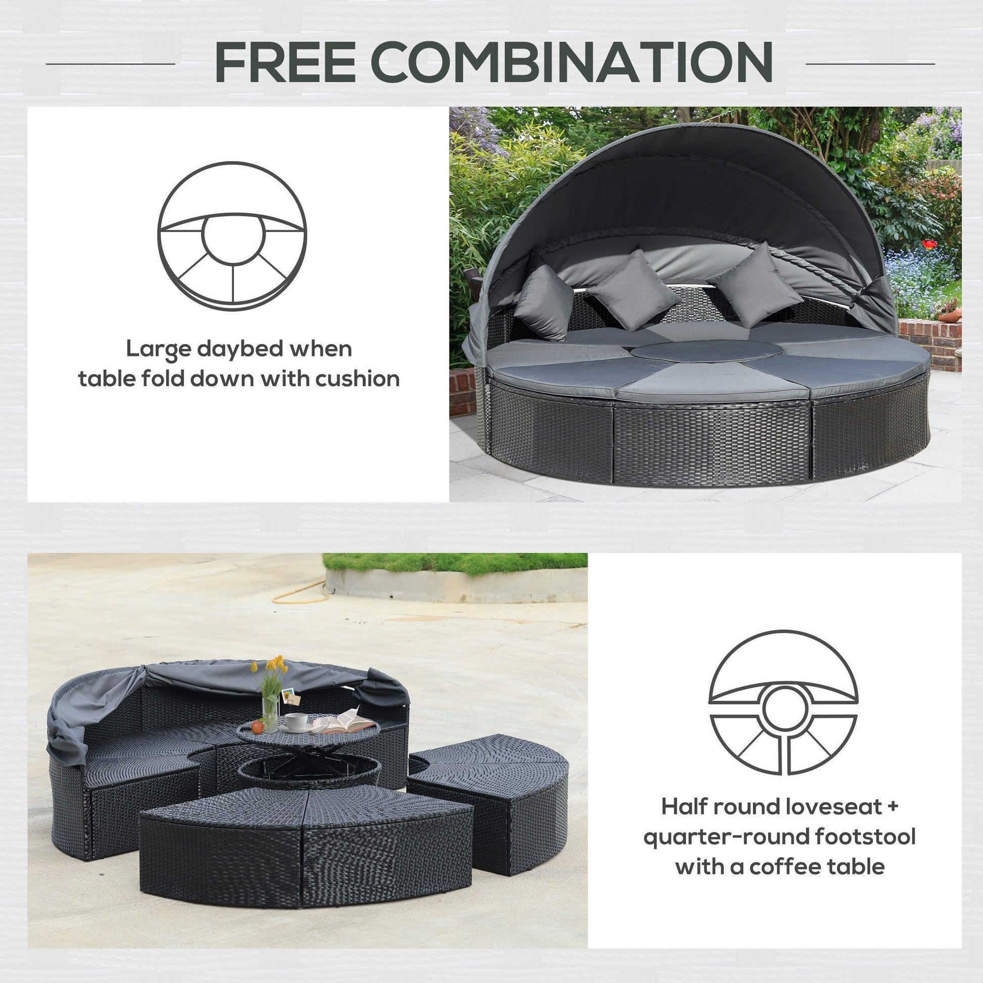 Outsunny 4-Piece Round Wicker Daybed Set - ALL4U RETAILER LTD