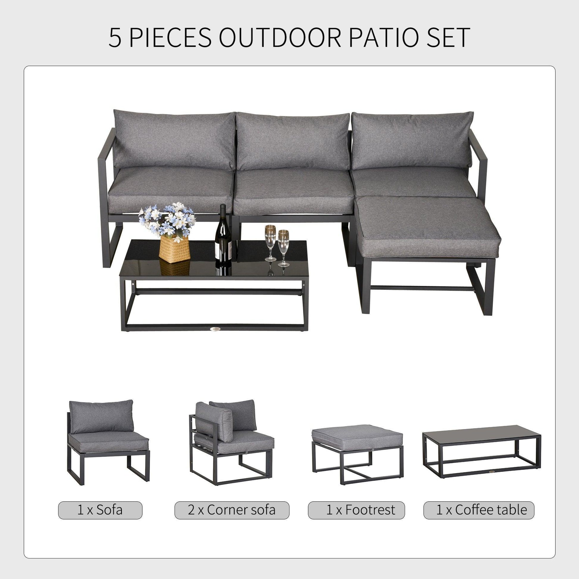 Outsunny 5-Piece Grey Patio Set with Cushioned Chairs - ALL4U RETAILER LTD