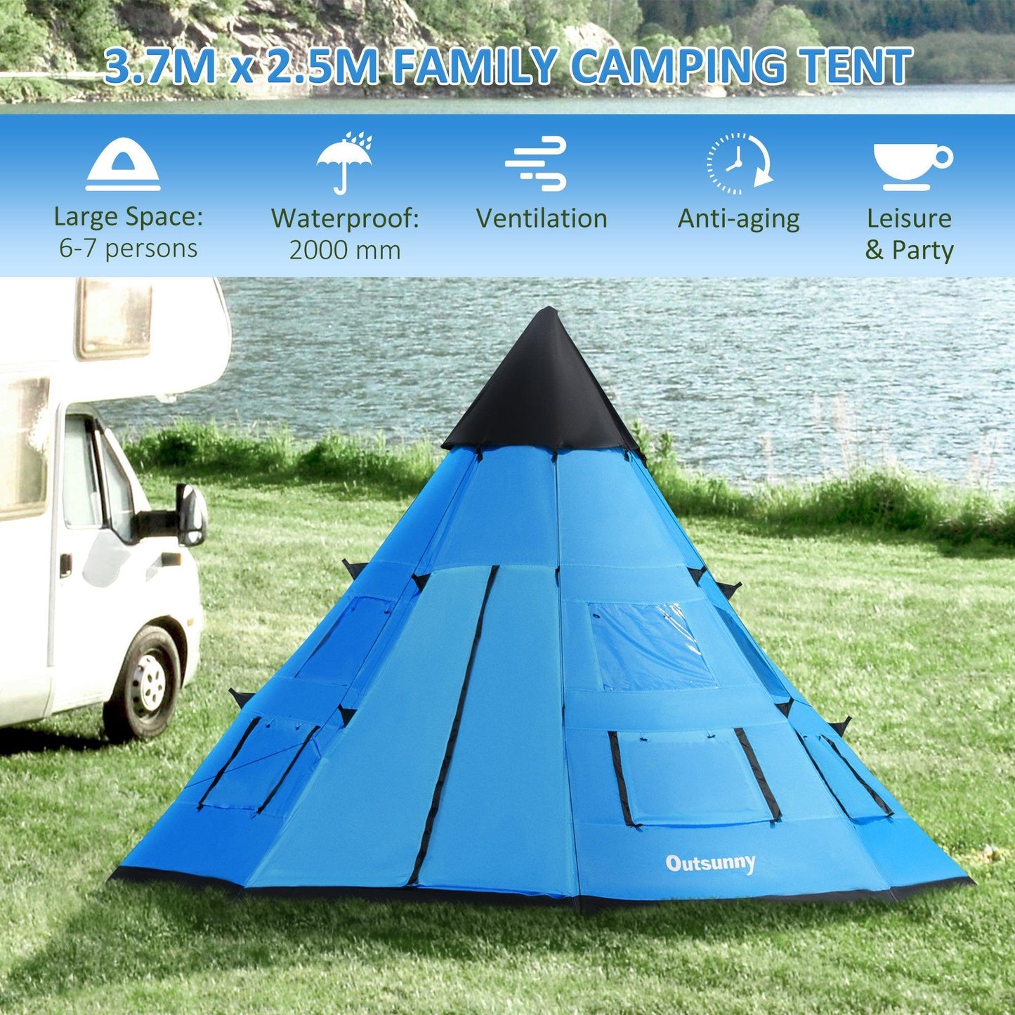 Outsunny 6-Person Teepee Tent, Easy Assembly, Blue - ALL4U RETAILER LTD