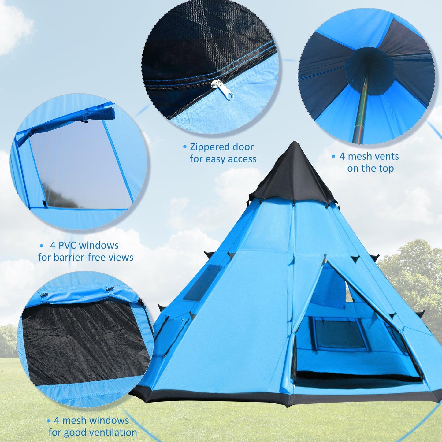 Outsunny 6-Person Teepee Tent, Easy Assembly, Blue - ALL4U RETAILER LTD