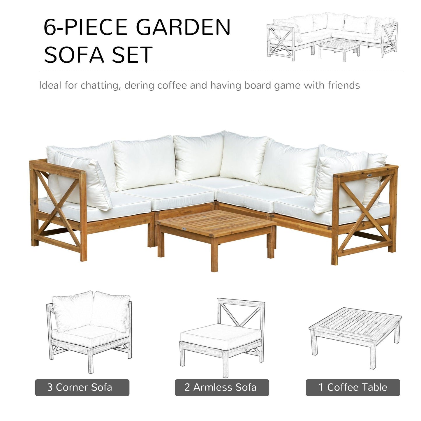 Outsunny 6pc Patio Furniture Set with Cushions - Cream White - ALL4U RETAILER LTD