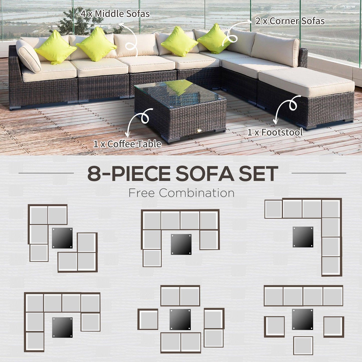 Outsunny 8-Piece Rattan Outdoor Patio Set with Brown Table - ALL4U RETAILER LTD