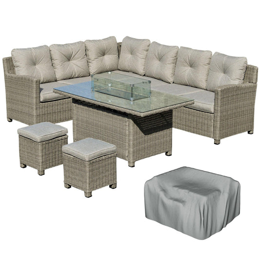 Outsunny 8-Seater Outdoor Rattan Sofa Set with Fire Pit Table - ALL4U RETAILER LTD