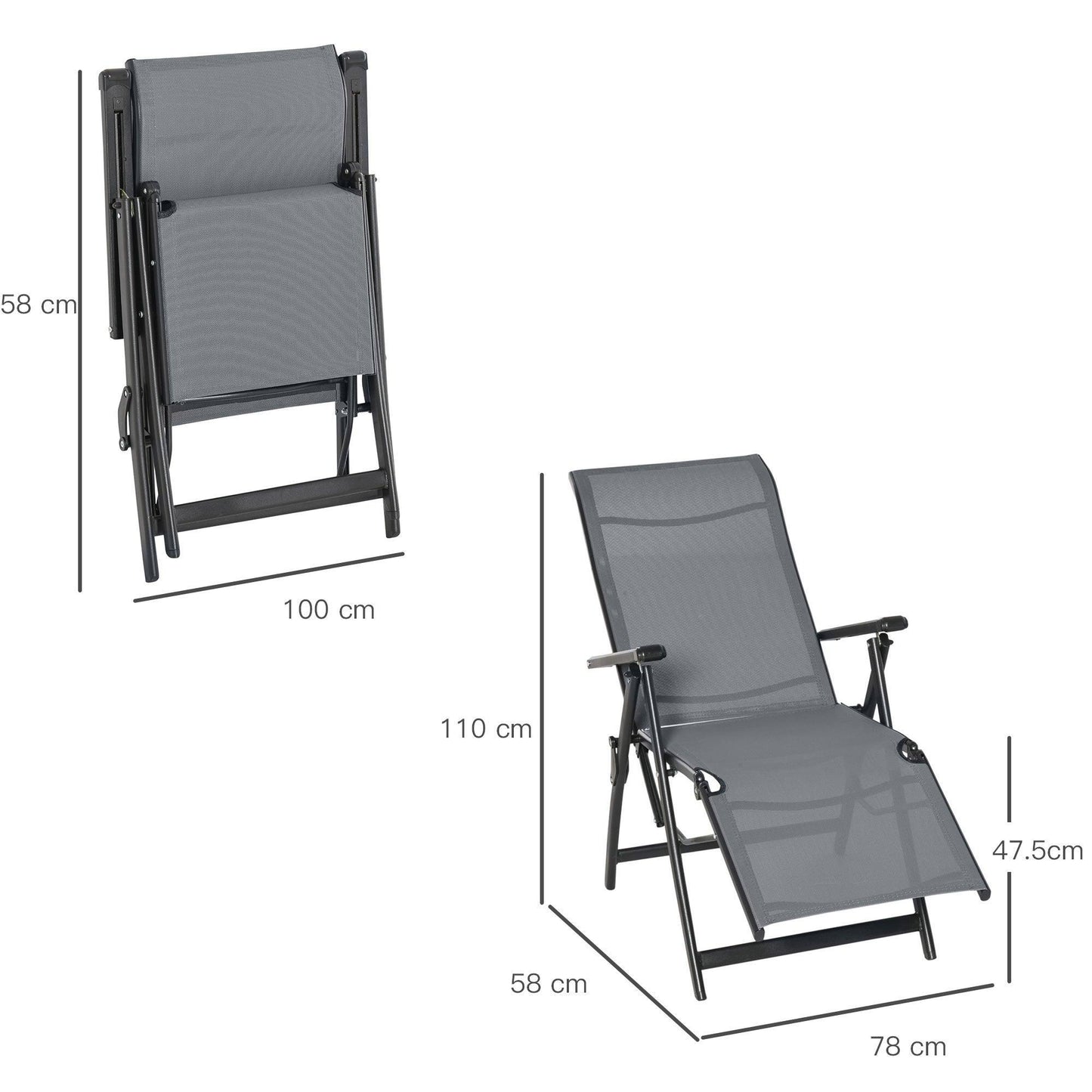 Outsunny Adjustable Folding Steel Chaise Lounge in Grey - Set of 2 - ALL4U RETAILER LTD