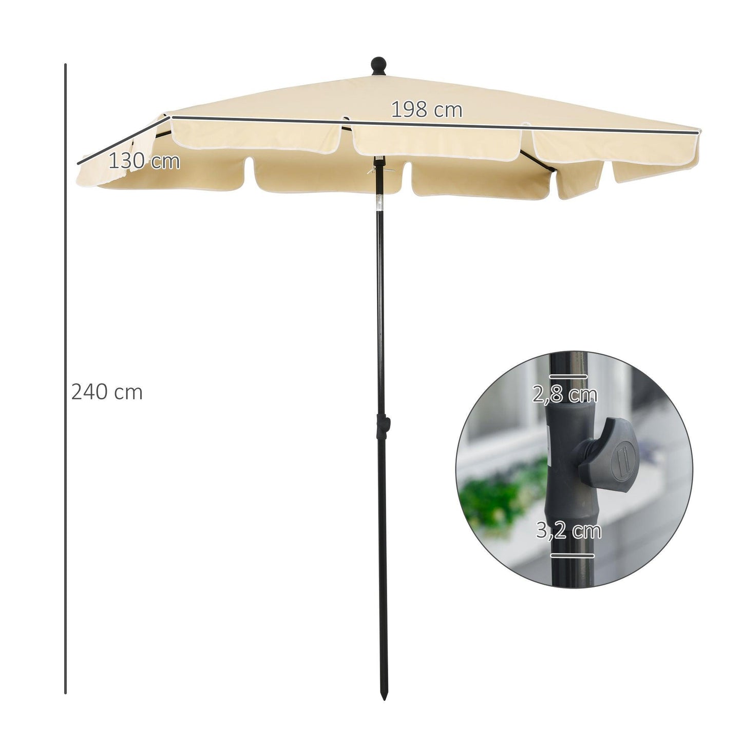 Outsunny Aluminium Sun Umbrella Parasol - Rectangular 2M x 1.25M Beige - ALL4U RETAILER LTD