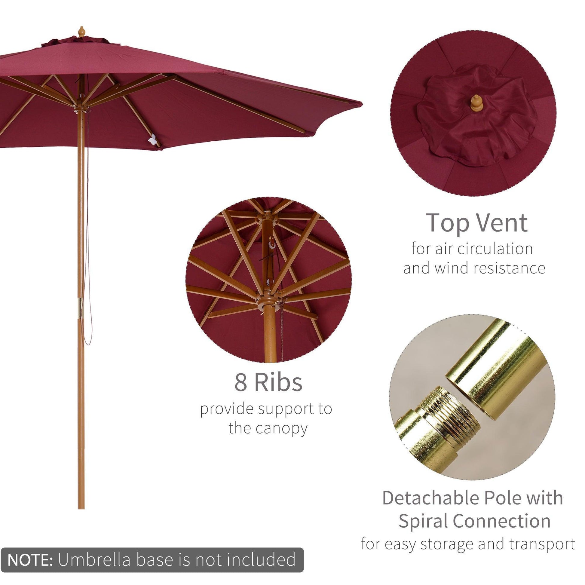 Outsunny Bamboo Outdoor Patio Umbrella - 3m Canopy, 8 Ribs - Wine Red - ALL4U RETAILER LTD