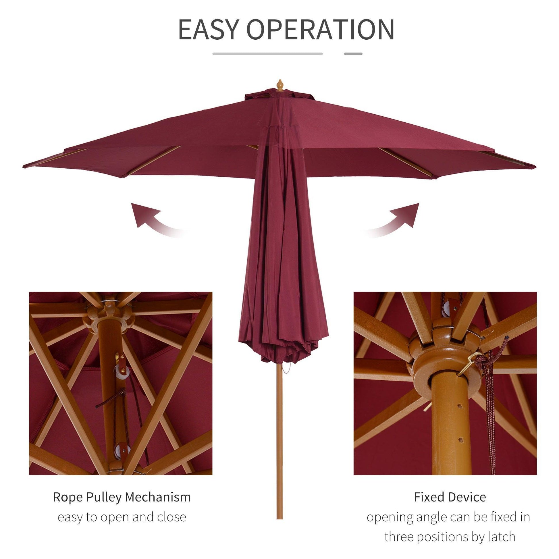 Outsunny Bamboo Outdoor Patio Umbrella - 3m Canopy, 8 Ribs - Wine Red - ALL4U RETAILER LTD