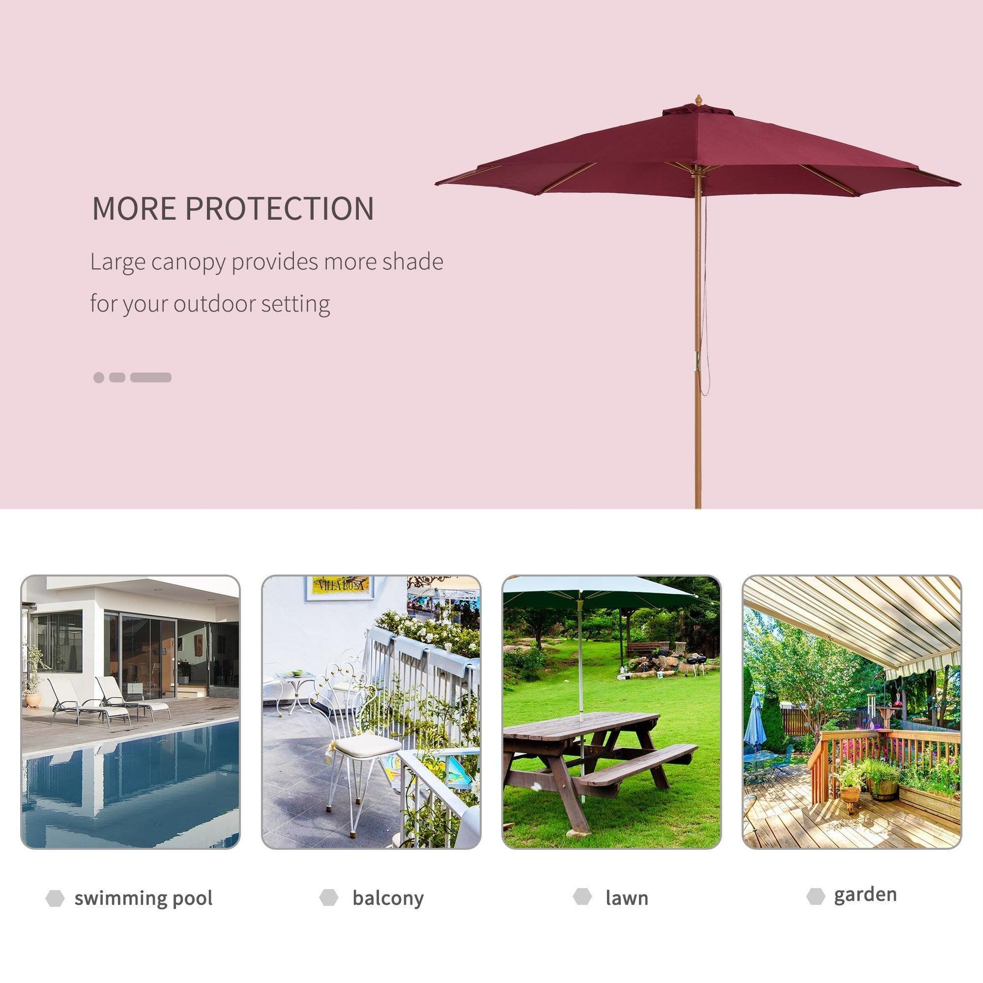 Outsunny Bamboo Outdoor Patio Umbrella - 3m Canopy, 8 Ribs - Wine Red - ALL4U RETAILER LTD