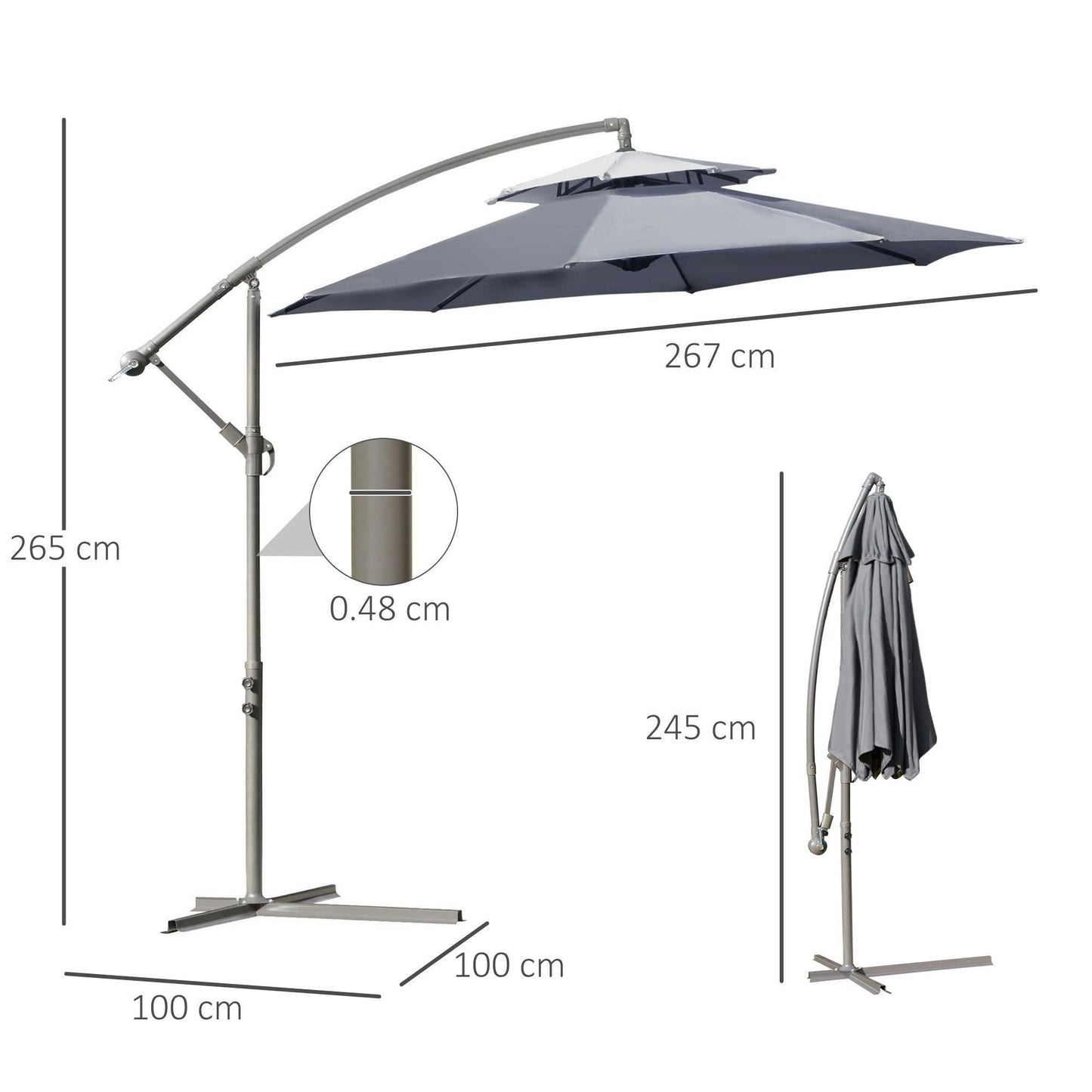 Outsunny Banana Parasol Umbrella: Double-Tier Canopy, Dark Grey - ALL4U RETAILER LTD