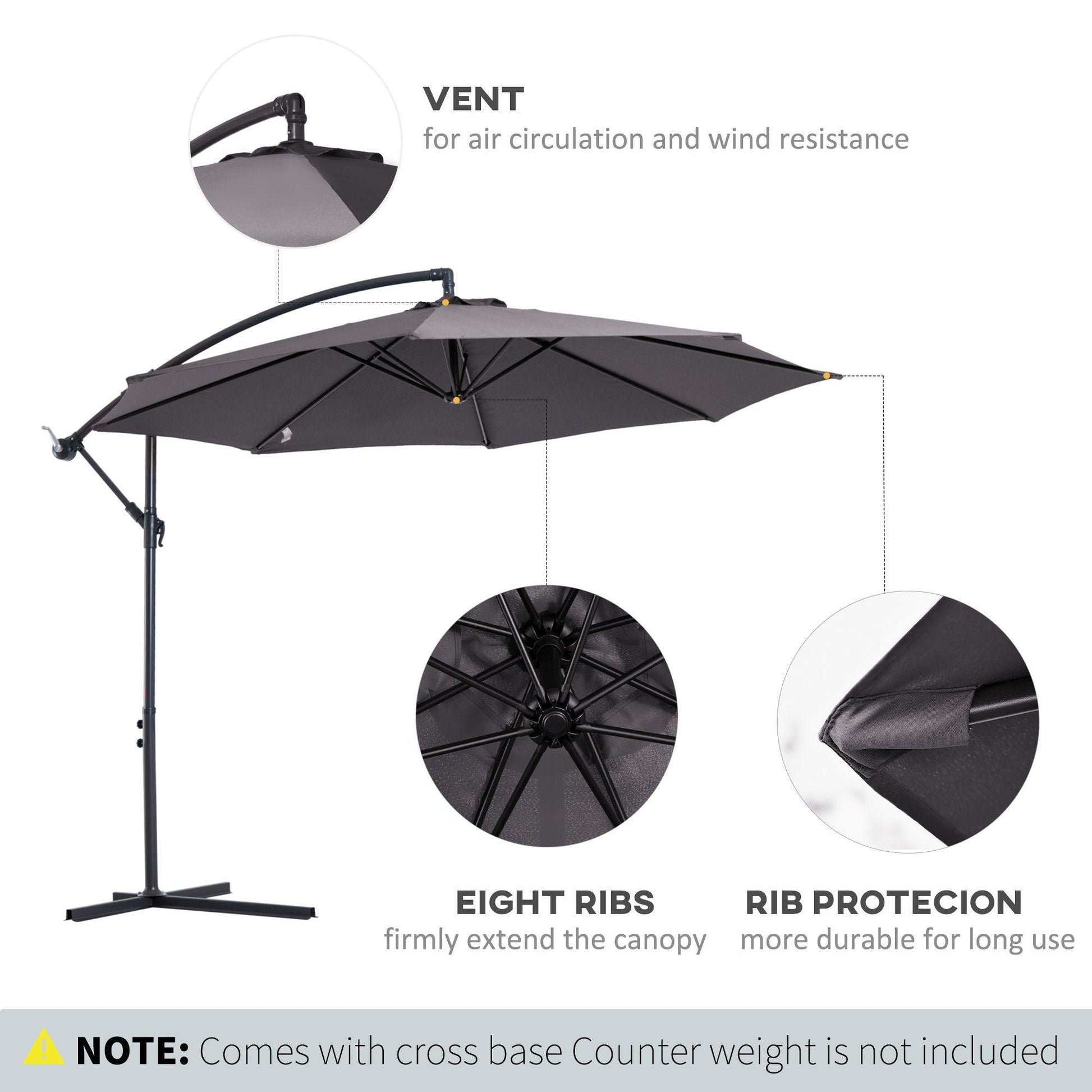 Outsunny Banana Patio Umbrella with Crank Handle - Grey - ALL4U RETAILER LTD