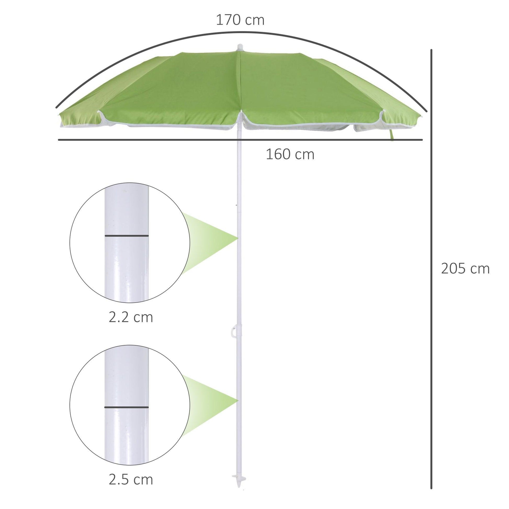 Outsunny Beach Parasol - 1.7m x 2m Tilted Steel Frame (Green) - ALL4U RETAILER LTD