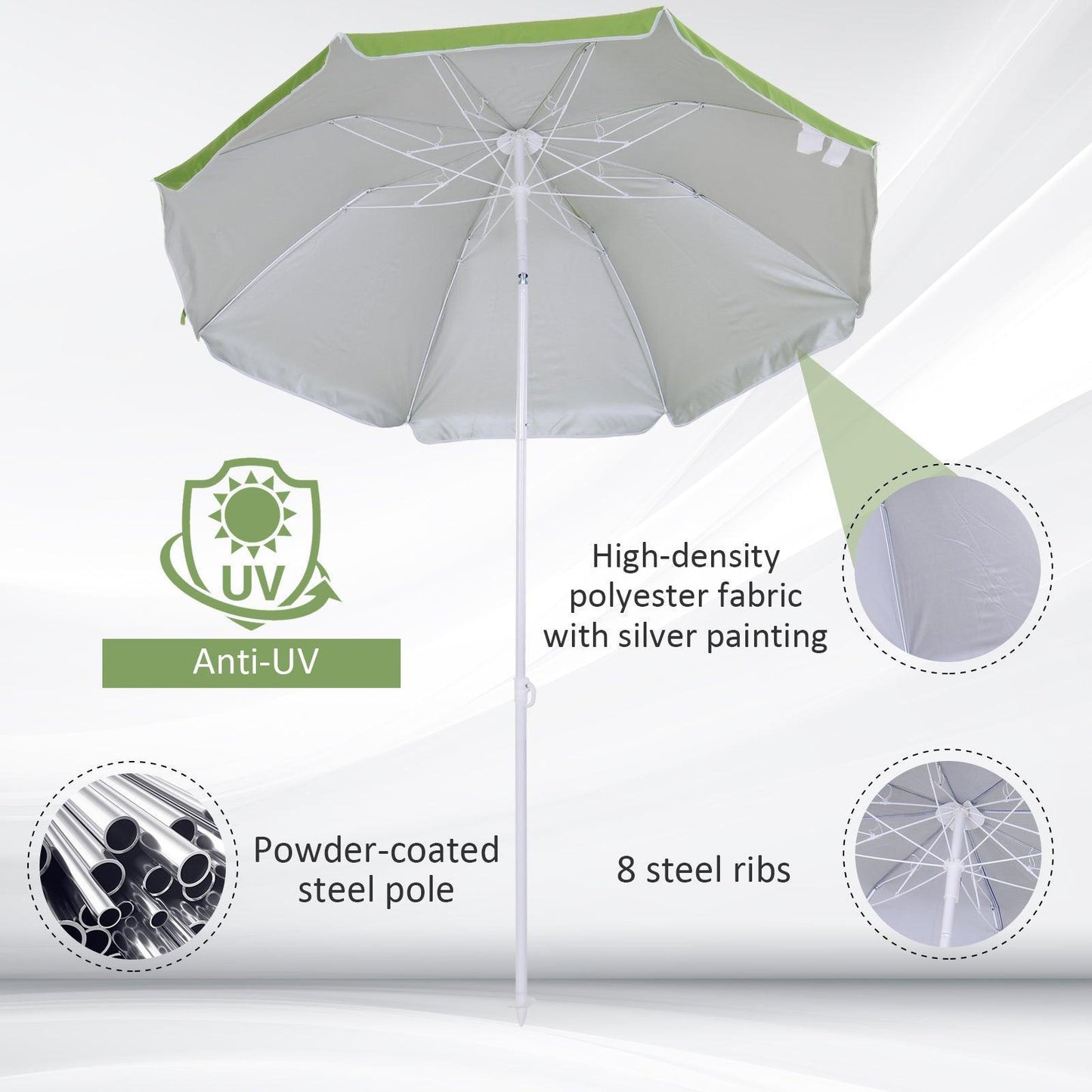 Outsunny Beach Parasol - 1.7m x 2m Tilted Steel Frame (Green) - ALL4U RETAILER LTD