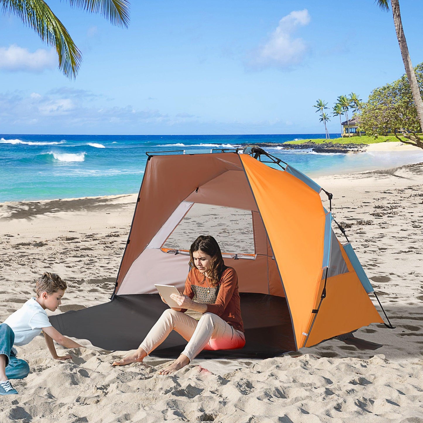 Outsunny Beach Tent: Portable Sun Shelter with Extended Porch - ALL4U RETAILER LTD