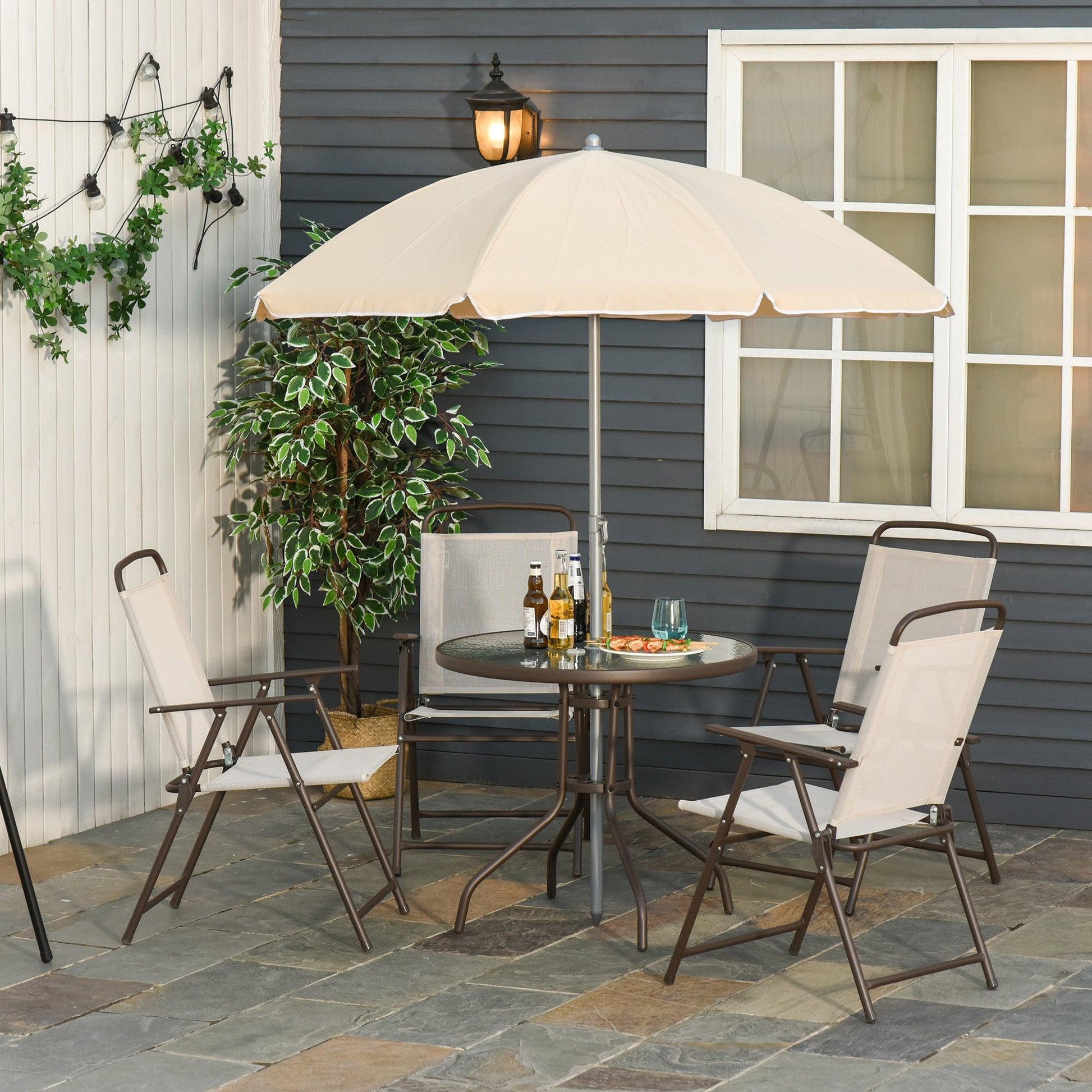 Outsunny Beige Patio Set: Folding Chairs, Table, Parasol - ALL4U RETAILER LTD