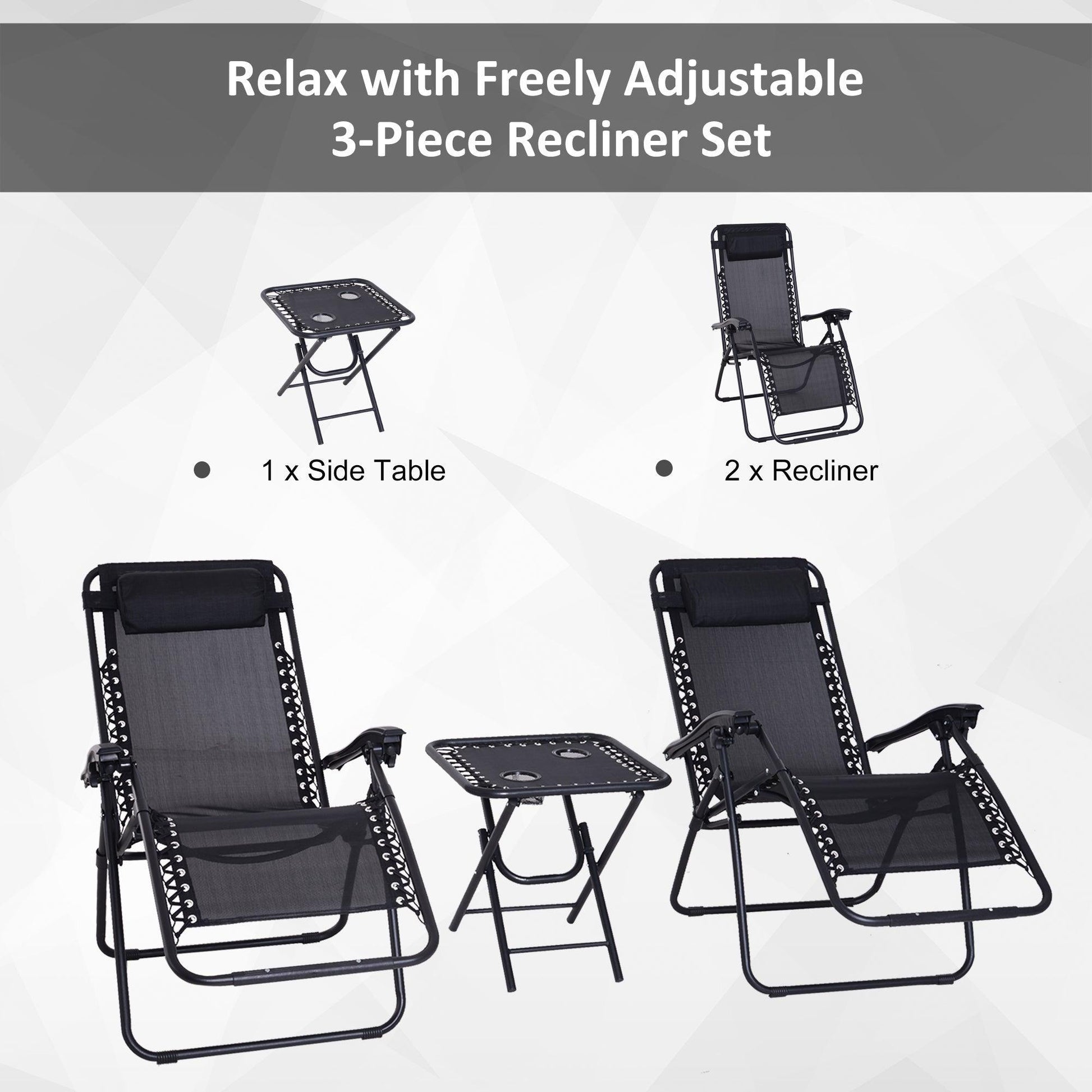 Outsunny Black Zero Gravity Chairs Table Set - 3pcs - ALL4U RETAILER LTD