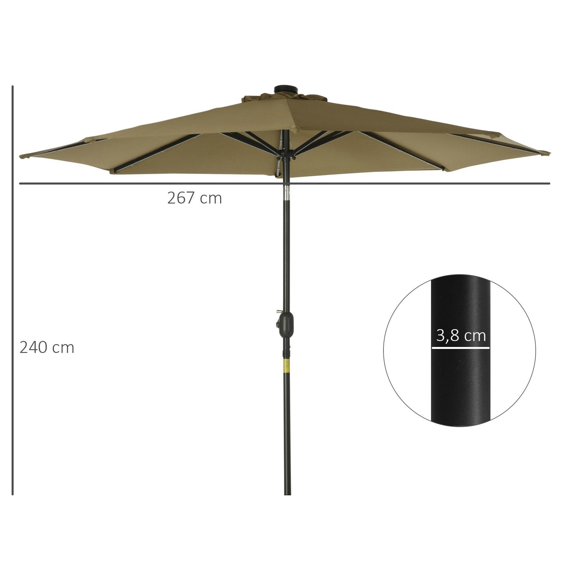 Outsunny Brown Solar Parasol Umbrella with 24 LEDs - ALL4U RETAILER LTD