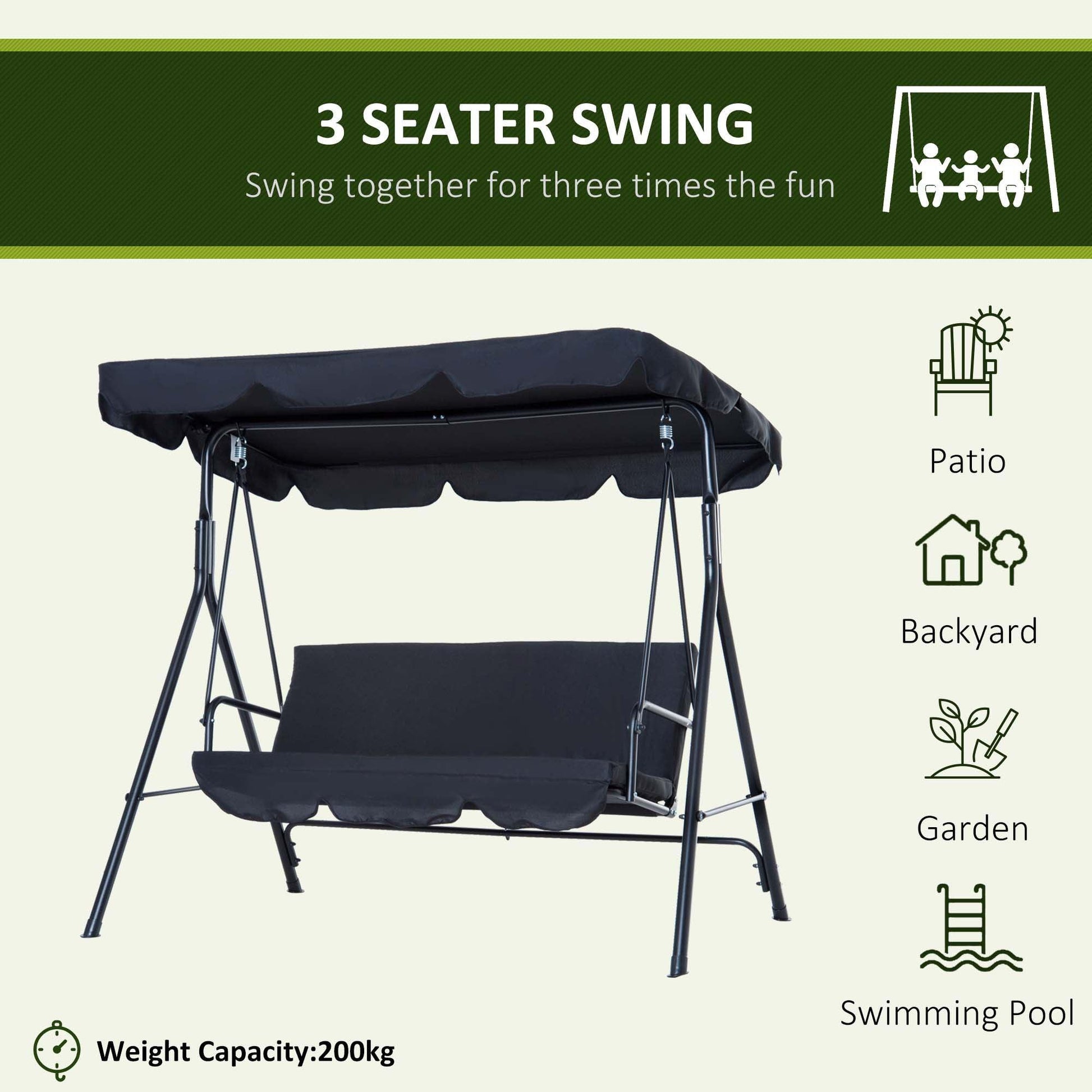 Outsunny Canopy Swing Chair - Black - ALL4U RETAILER LTD